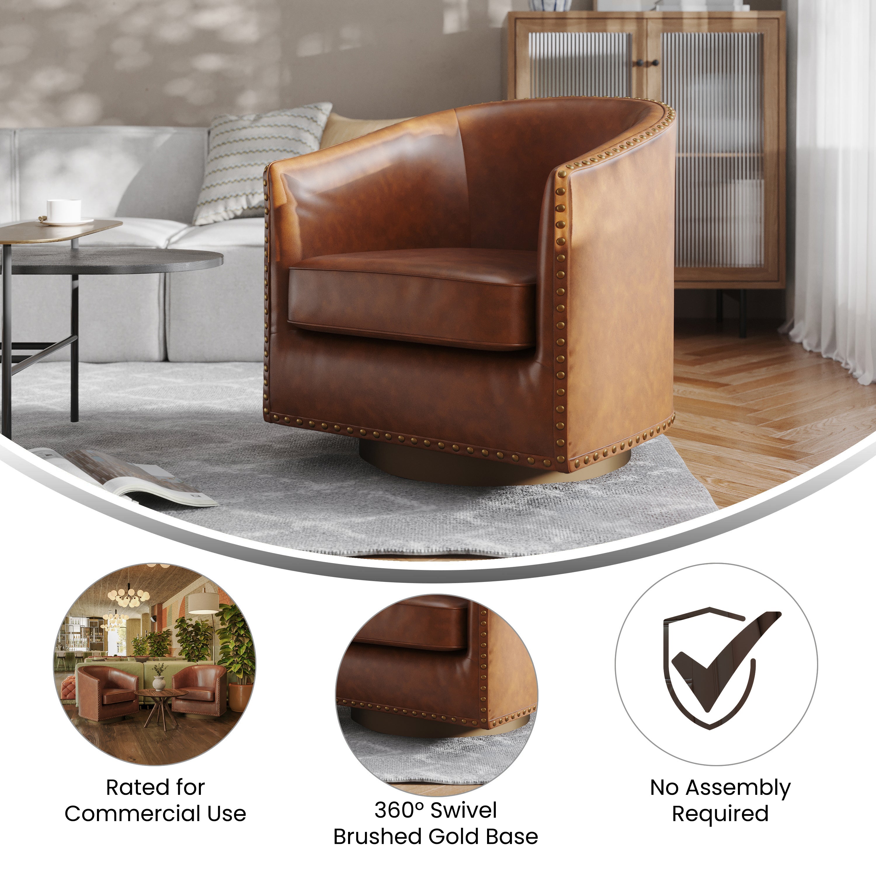Myles Club Style Commercial Barrel Accent Armchair with 360° Swivel Metal Base and Brown Leathersoft Upholstery with Brass Decorative Nail Head Trim