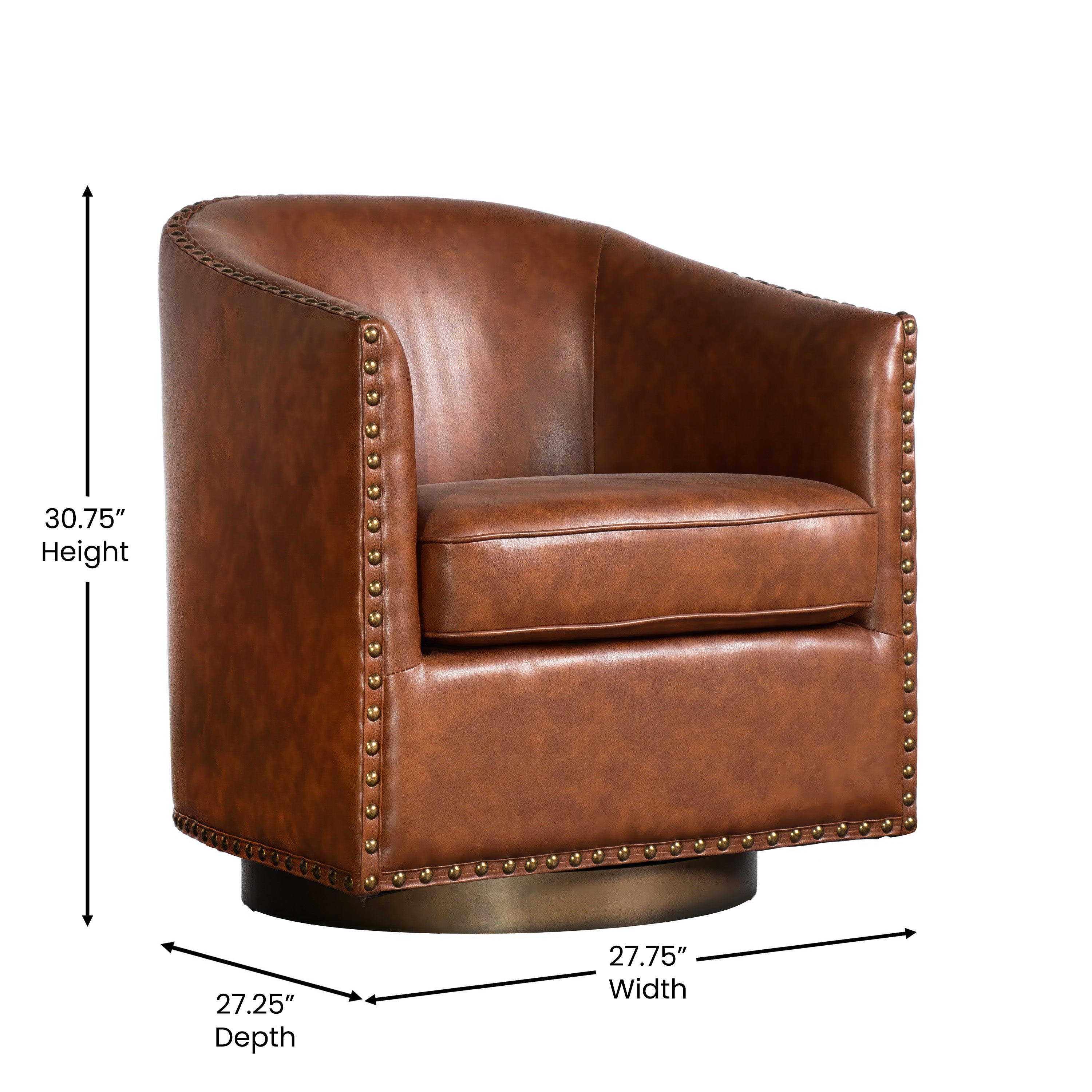 Myles Club Style Commercial Barrel Accent Armchair with 360° Swivel Metal Base and Brown Leathersoft Upholstery with Brass Decorative Nail Head Trim