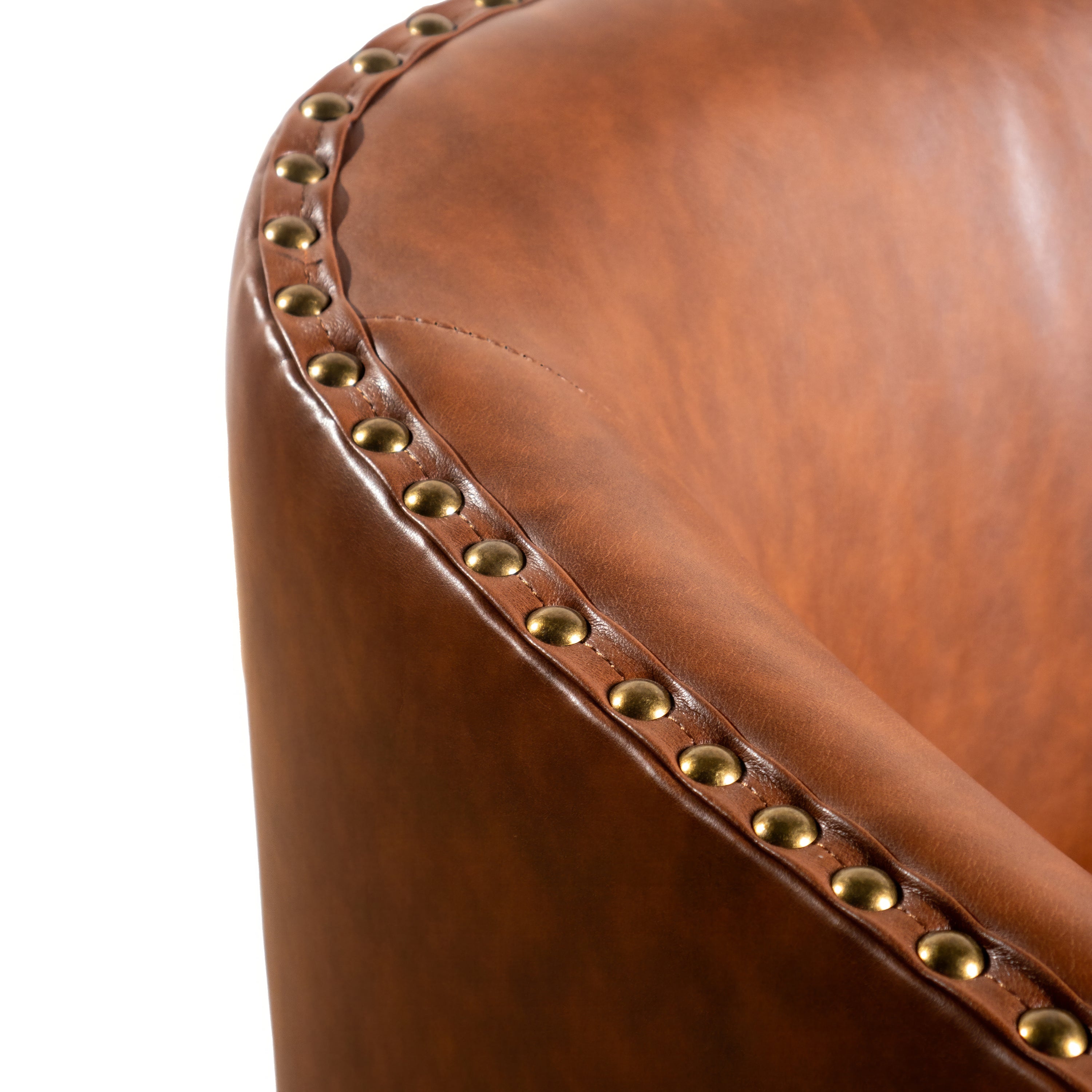 Myles Club Style Commercial Barrel Accent Armchair with 360° Swivel Metal Base and Brown Leathersoft Upholstery with Brass Decorative Nail Head Trim