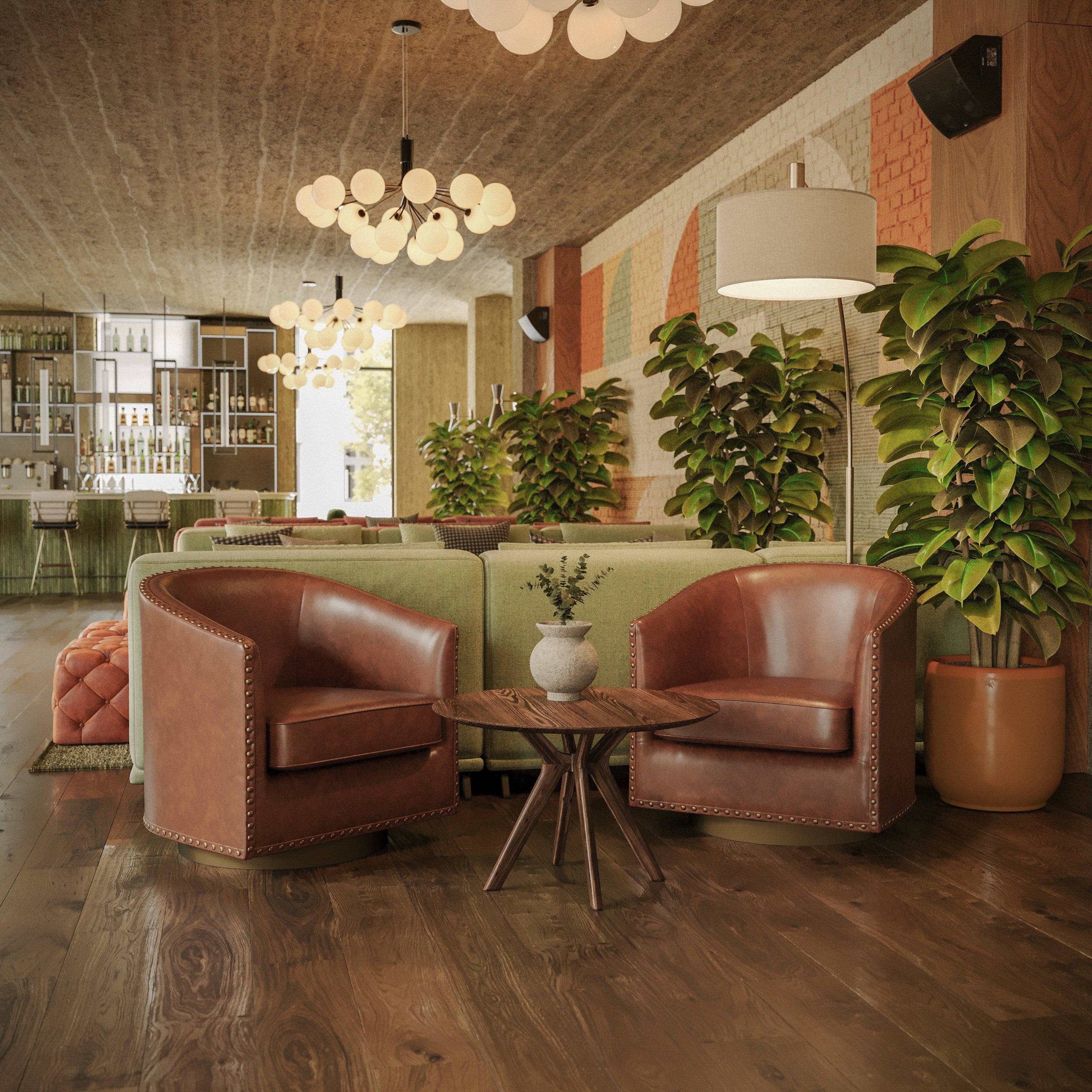 Myles Club Style Commercial Barrel Accent Armchair with 360° Swivel Metal Base and Brown Leathersoft Upholstery with Brass Decorative Nail Head Trim