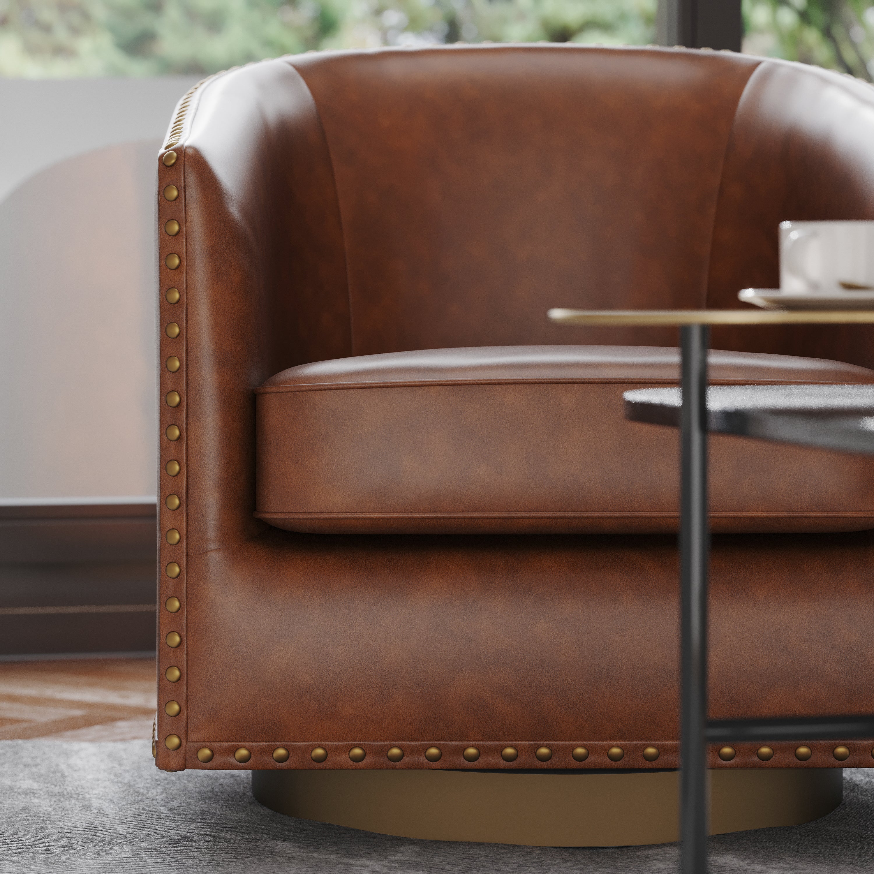 Myles Club Style Commercial Barrel Accent Armchair with 360° Swivel Metal Base and Brown Leathersoft Upholstery with Brass Decorative Nail Head Trim