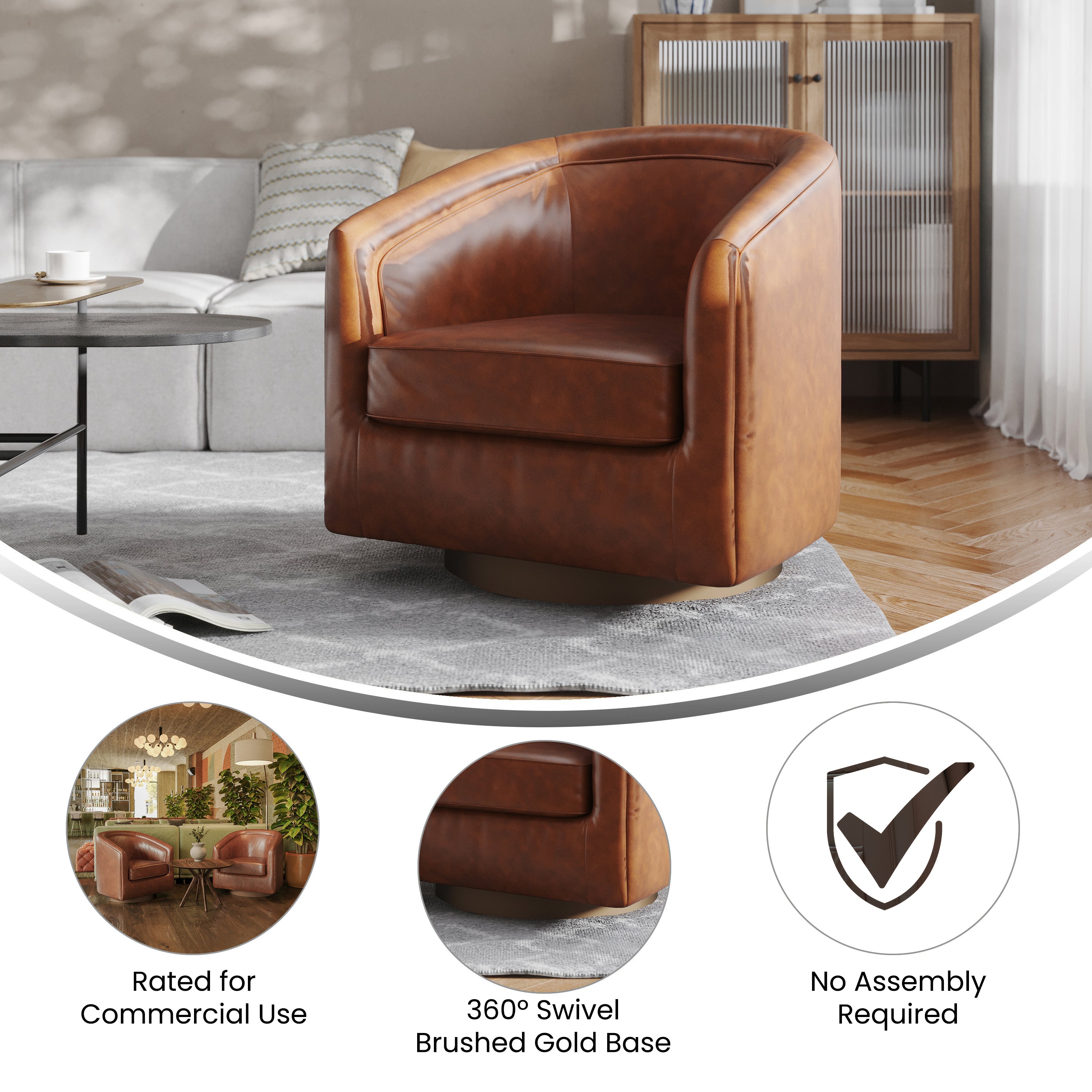 Dean Club Style Commercial Barrel Accent Armchair with 360 Degree Swivel Metal Base and Sloped Armrests in Brown LeatherSoft Upholstery
