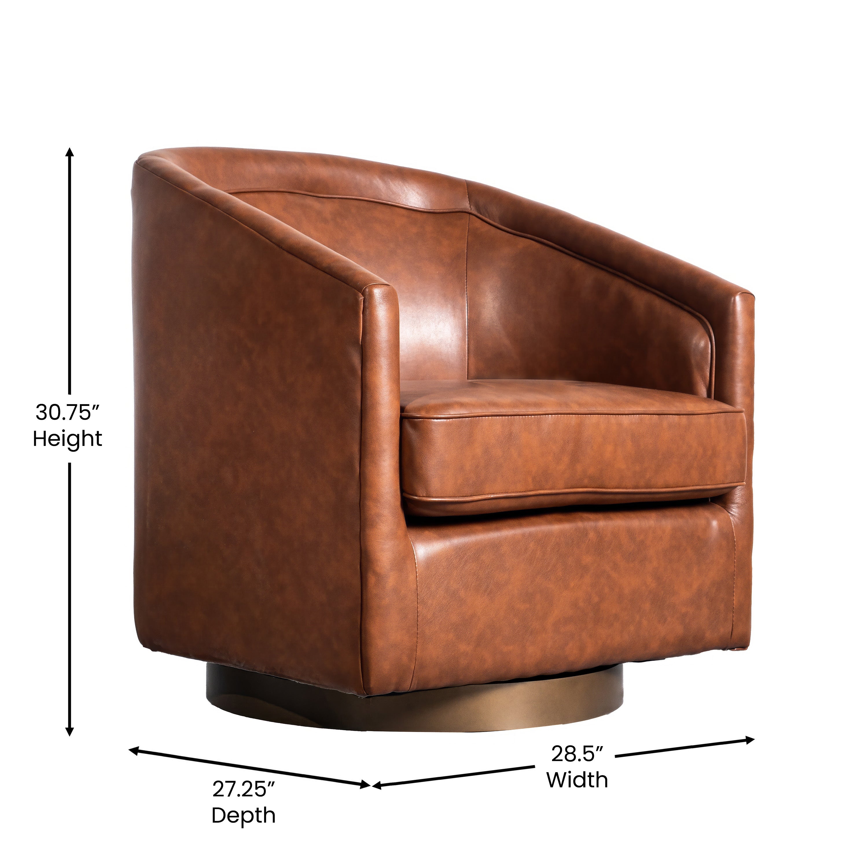 Dean Club Style Commercial Barrel Accent Armchair with 360 Degree Swivel Metal Base and Sloped Armrests in Brown LeatherSoft Upholstery