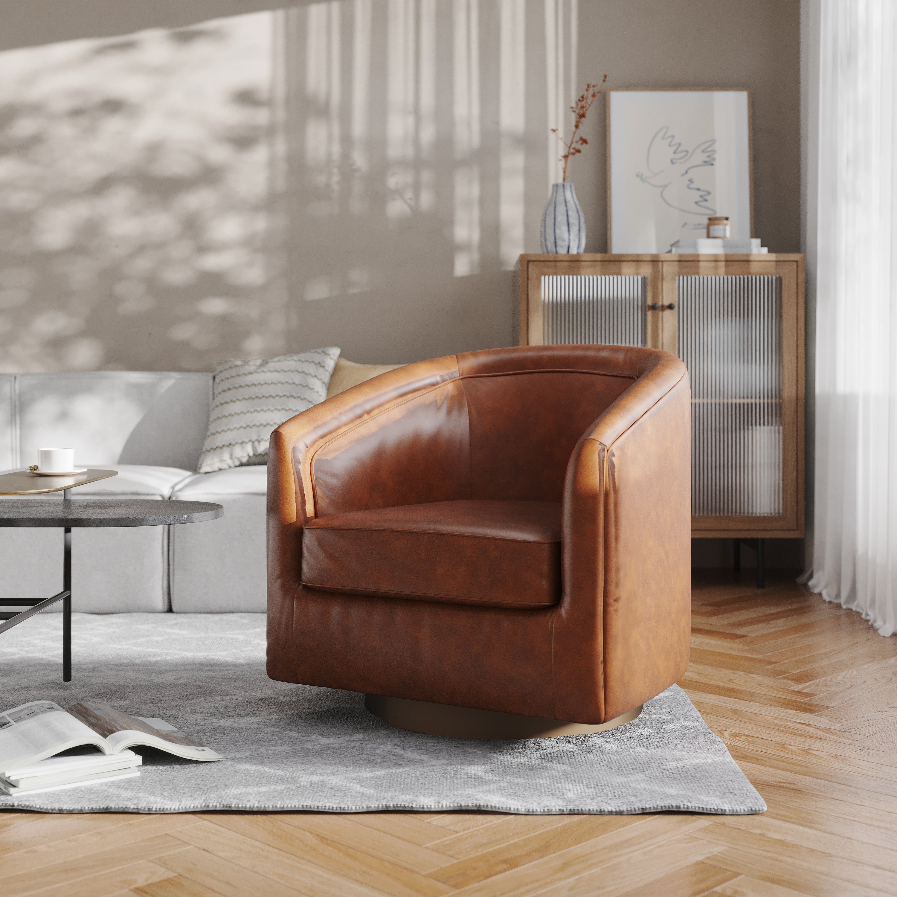 Dean Club Style Commercial Barrel Accent Armchair with 360 Degree Swivel Metal Base and Sloped Armrests in Brown LeatherSoft Upholstery