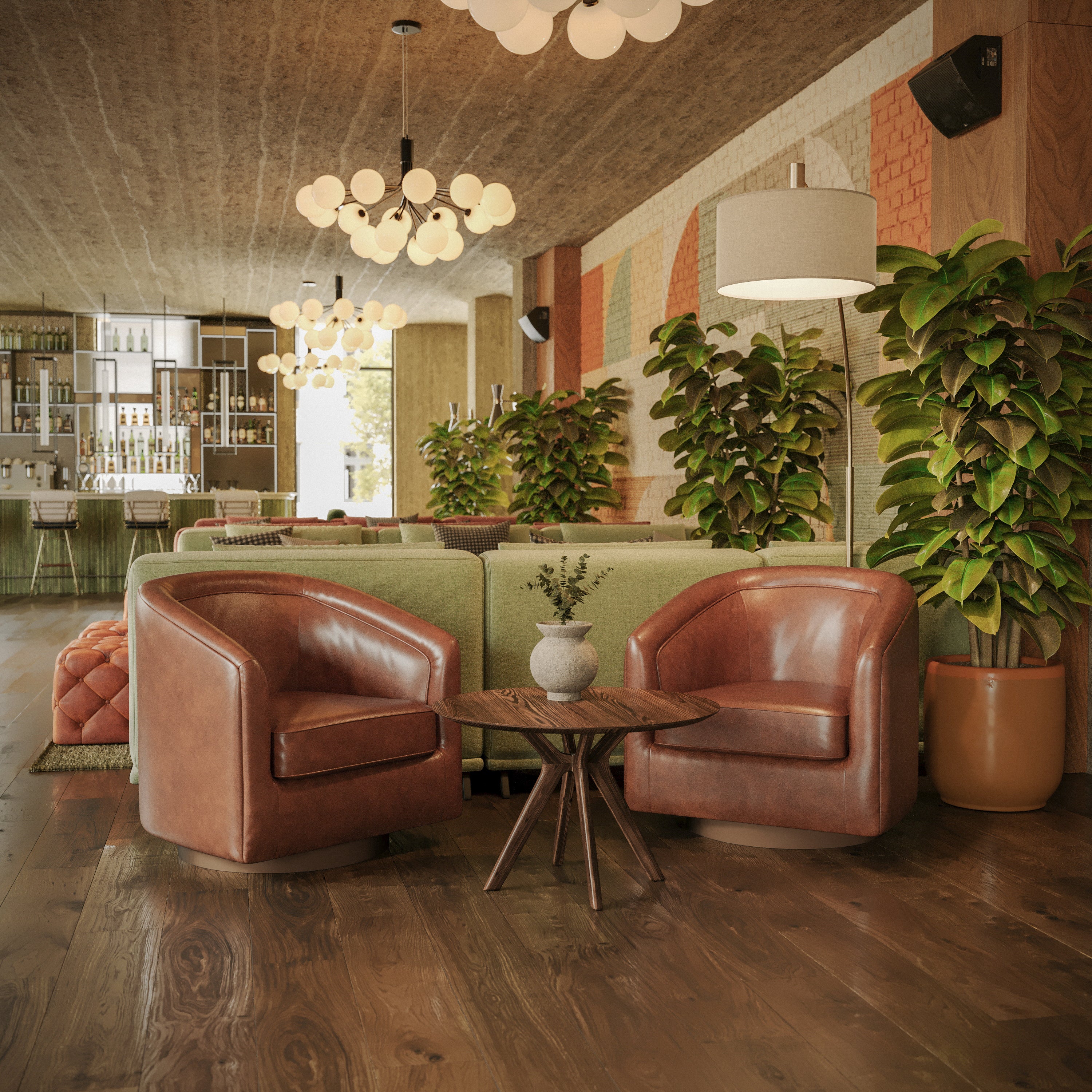 Dean Club Style Commercial Barrel Accent Armchair with 360 Degree Swivel Metal Base and Sloped Armrests in Brown LeatherSoft Upholstery
