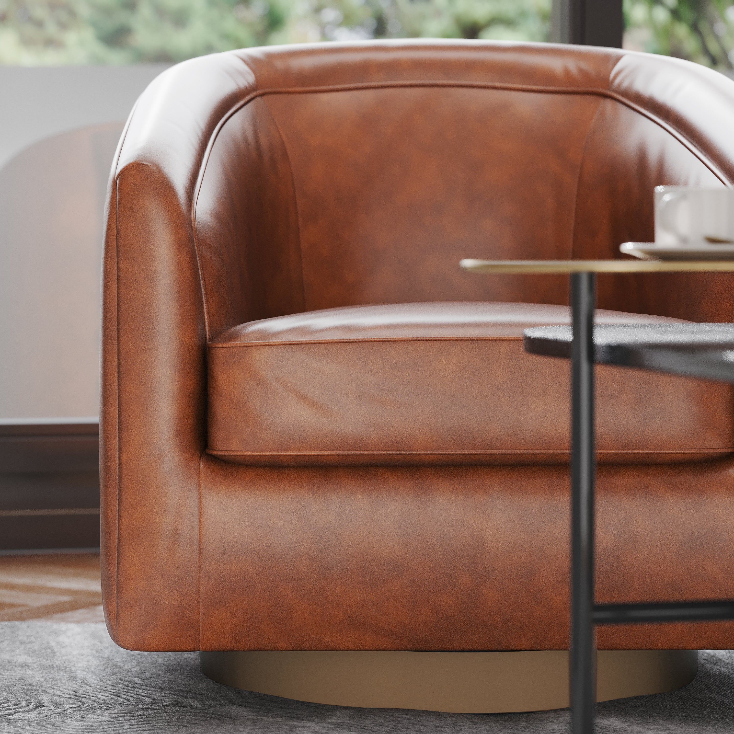Dean Club Style Commercial Barrel Accent Armchair with 360 Degree Swivel Metal Base and Sloped Armrests in Brown LeatherSoft Upholstery