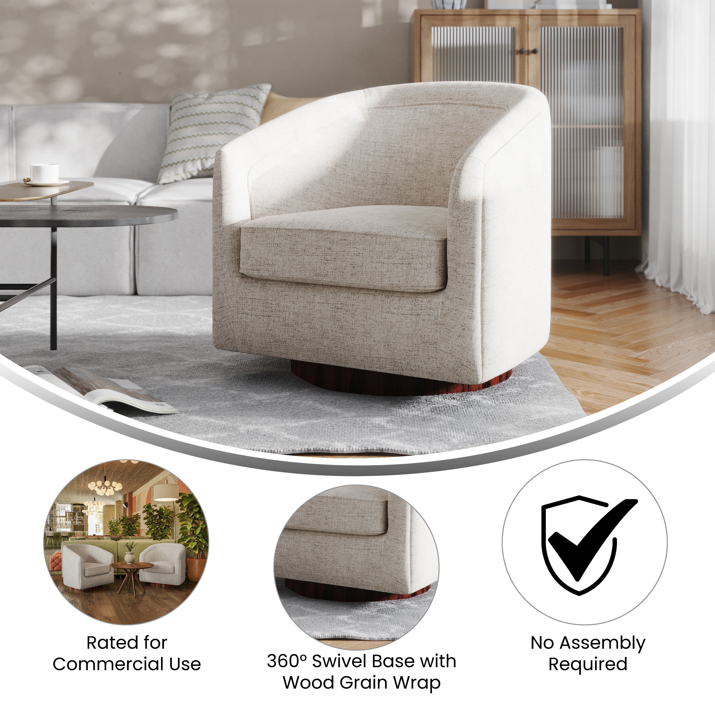 Dean Club Style Commercial Barrel Accent Armchair with 360 Degree Swivel Metal Base and Sloped Armrests in Cream Fabric Upholstery