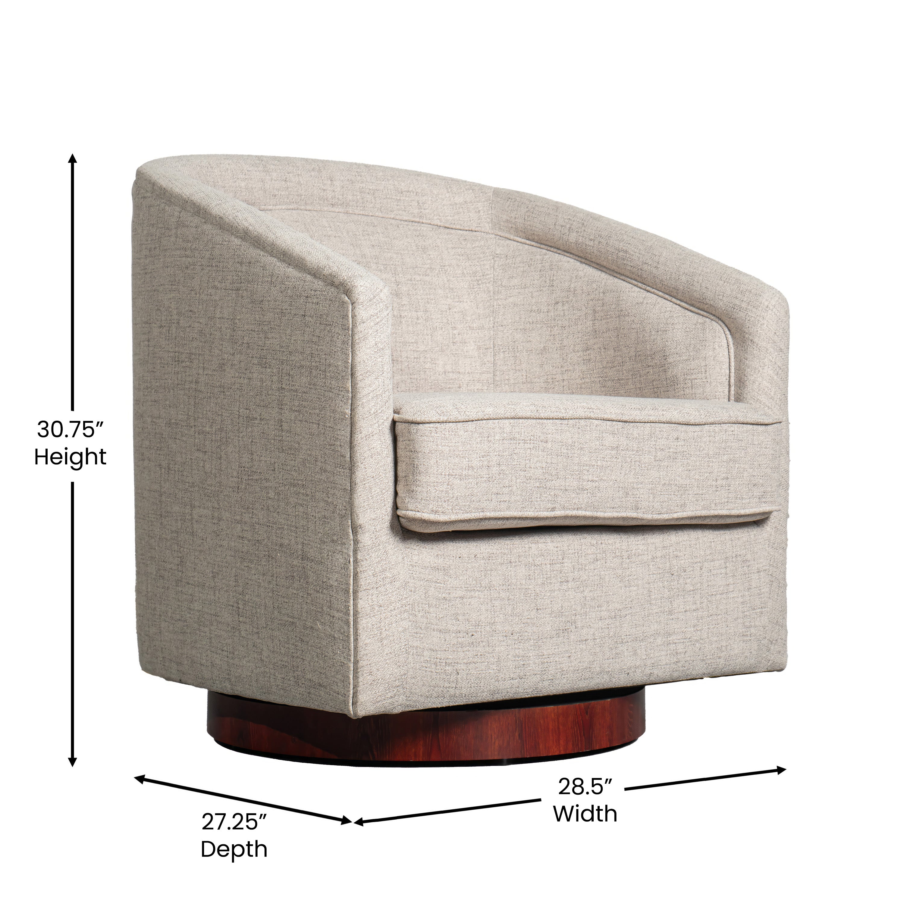 Dean Club Style Commercial Barrel Accent Armchair with 360 Degree Swivel Metal Base and Sloped Armrests in Cream Fabric Upholstery