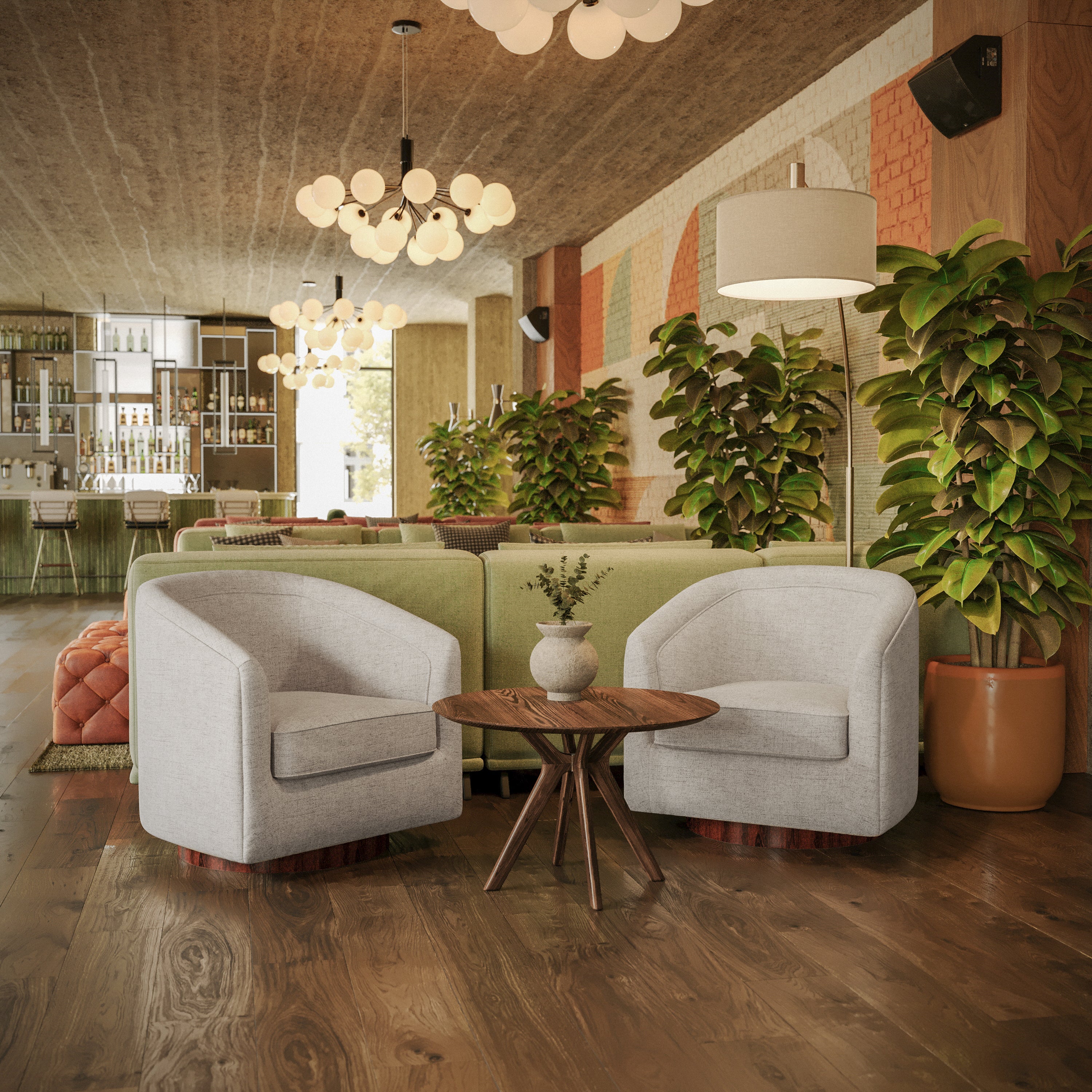 Dean Club Style Commercial Barrel Accent Armchair with 360 Degree Swivel Metal Base and Sloped Armrests in Cream Fabric Upholstery