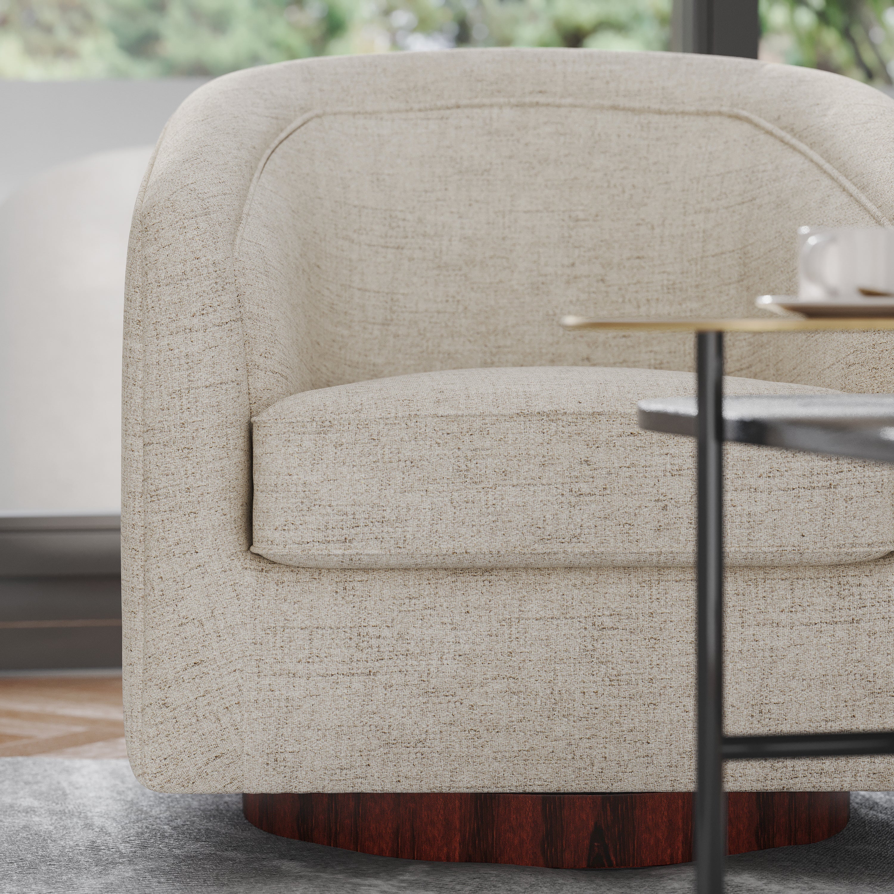 Dean Club Style Commercial Barrel Accent Armchair with 360 Degree Swivel Metal Base and Sloped Armrests in Cream Fabric Upholstery