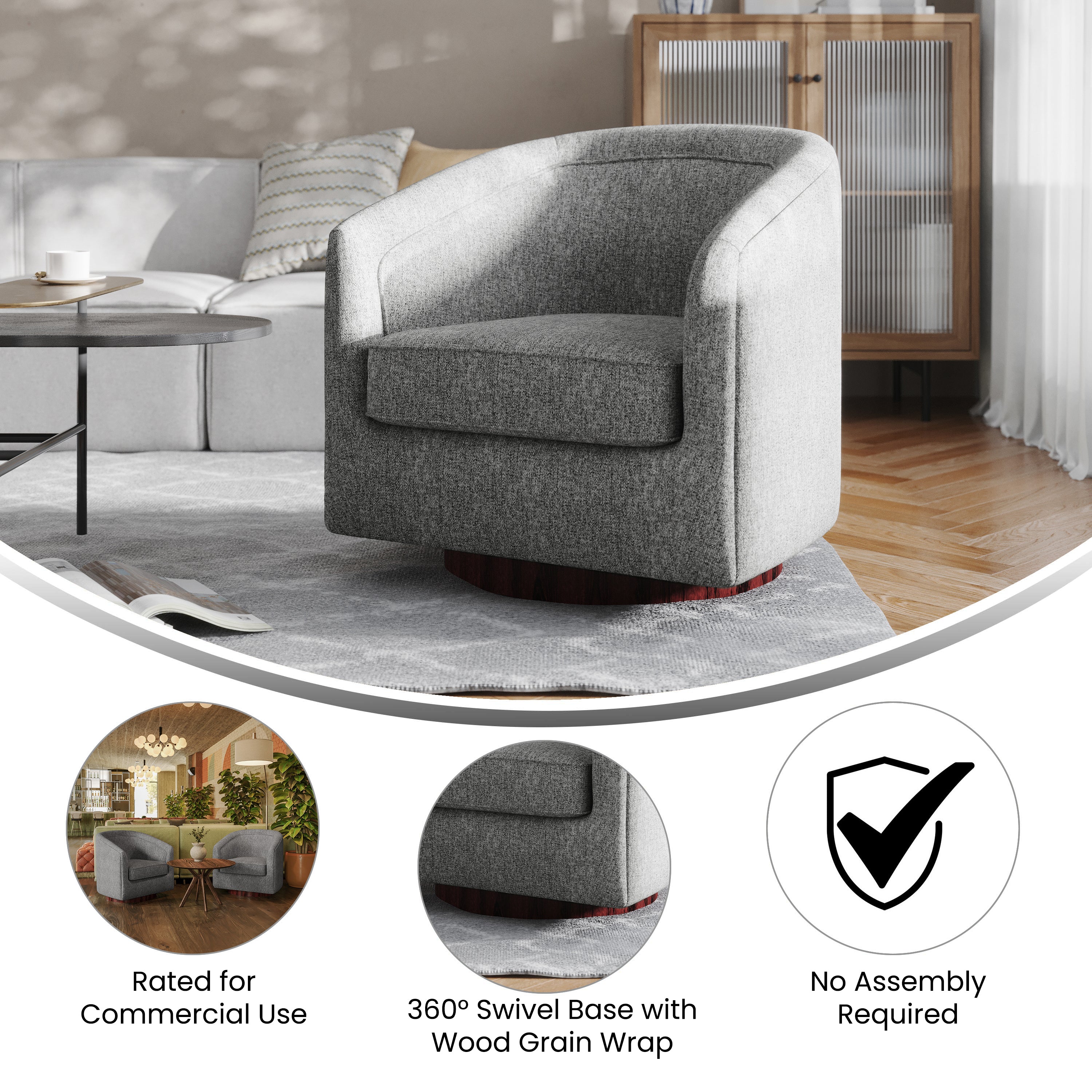 Dean Club Style Commercial Barrel Accent Armchair with 360 Degree Swivel Metal Base and Sloped Armrests in Gray Fabric Upholstery