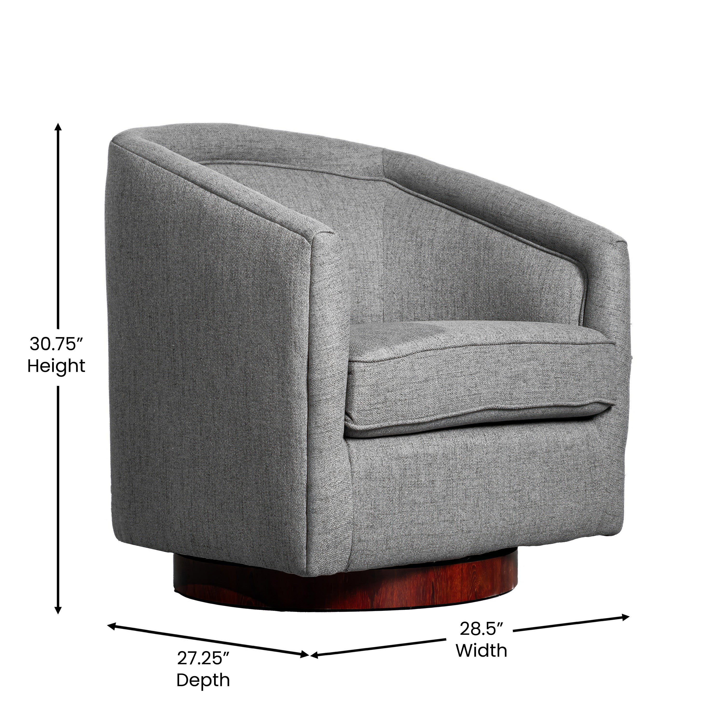 Dean Club Style Commercial Barrel Accent Armchair with 360 Degree Swivel Metal Base and Sloped Armrests in Gray Fabric Upholstery