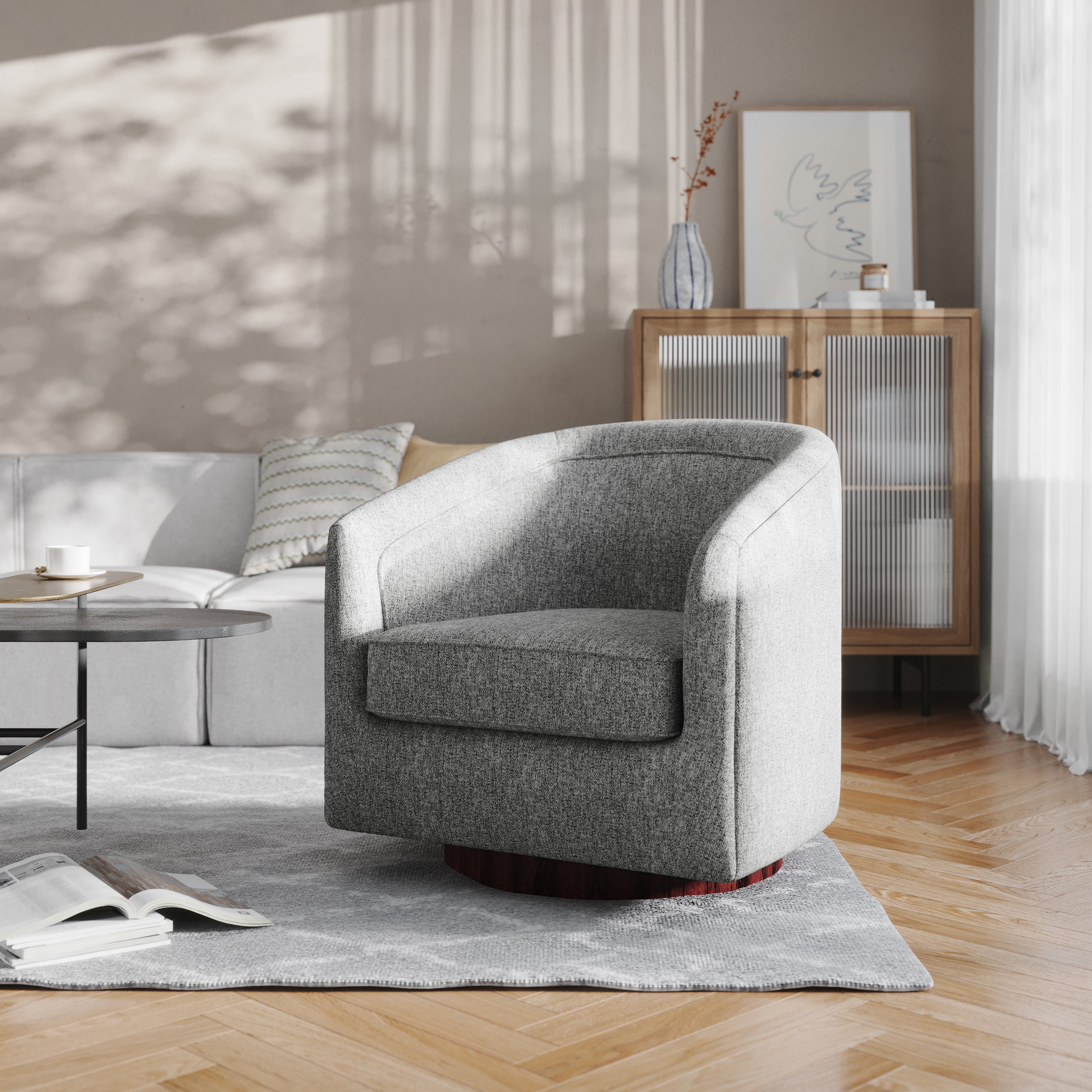 Dean Club Style Commercial Barrel Accent Armchair with 360 Degree Swivel Metal Base and Sloped Armrests in Gray Fabric Upholstery