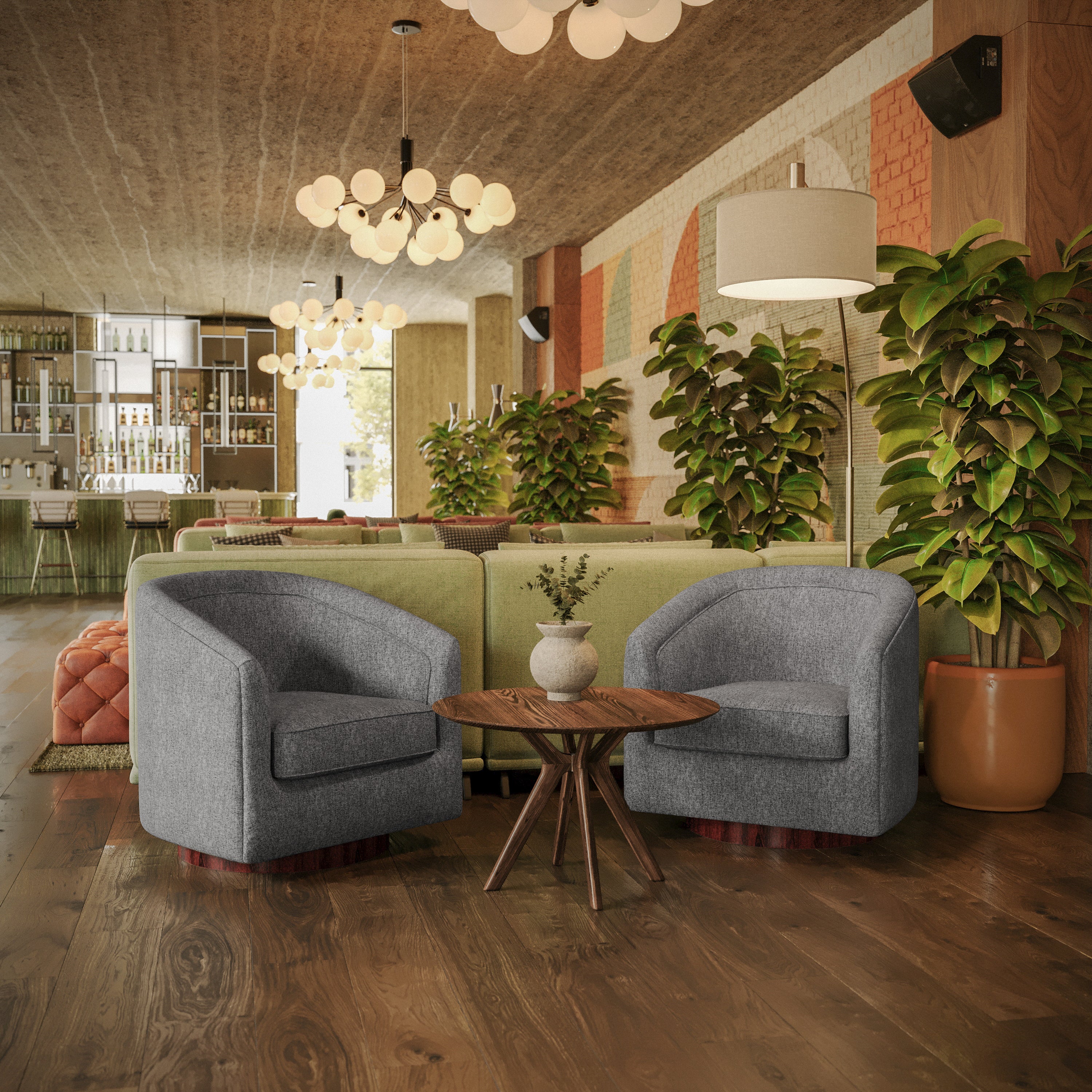 Dean Club Style Commercial Barrel Accent Armchair with 360 Degree Swivel Metal Base and Sloped Armrests in Gray Fabric Upholstery