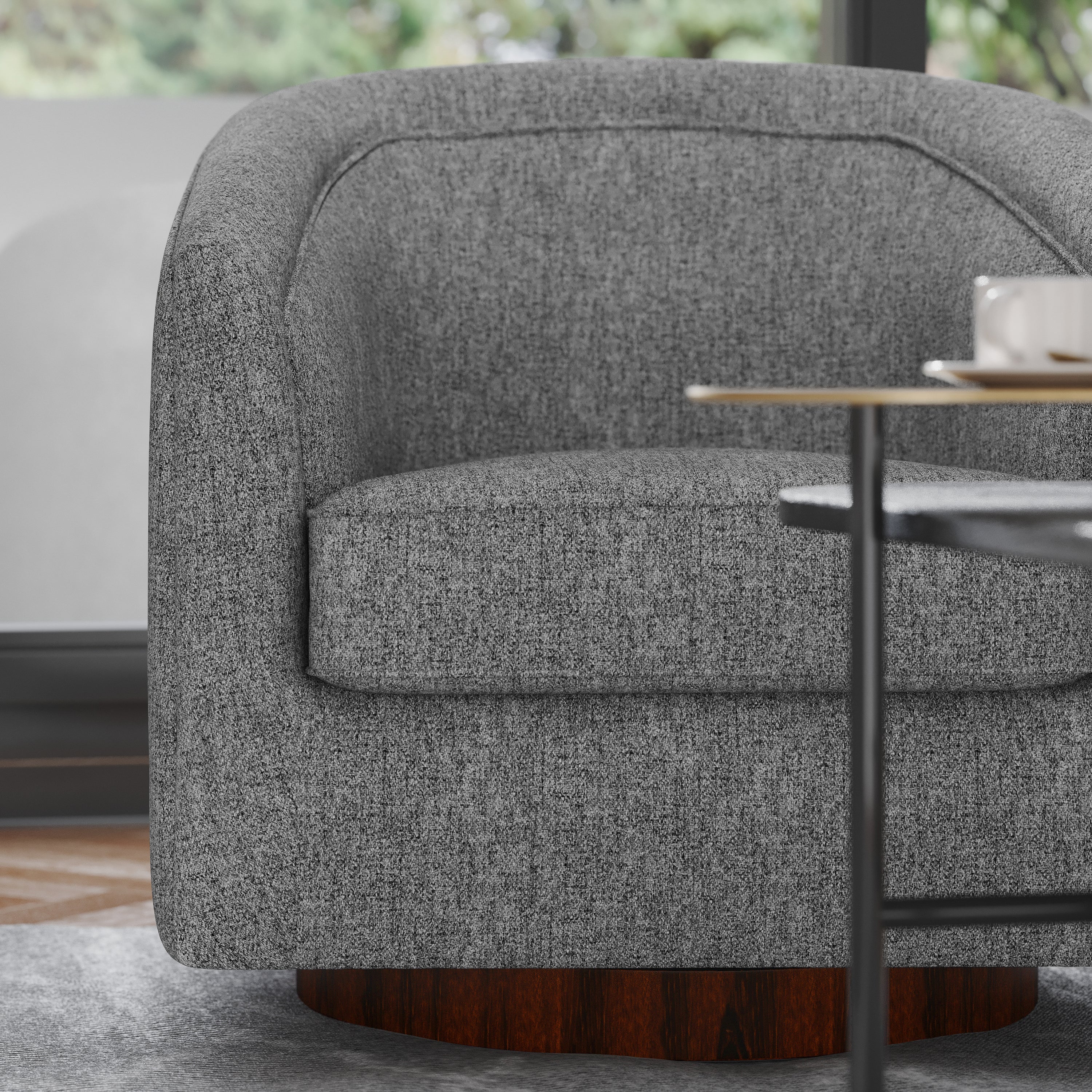 Dean Club Style Commercial Barrel Accent Armchair with 360 Degree Swivel Metal Base and Sloped Armrests in Gray Fabric Upholstery