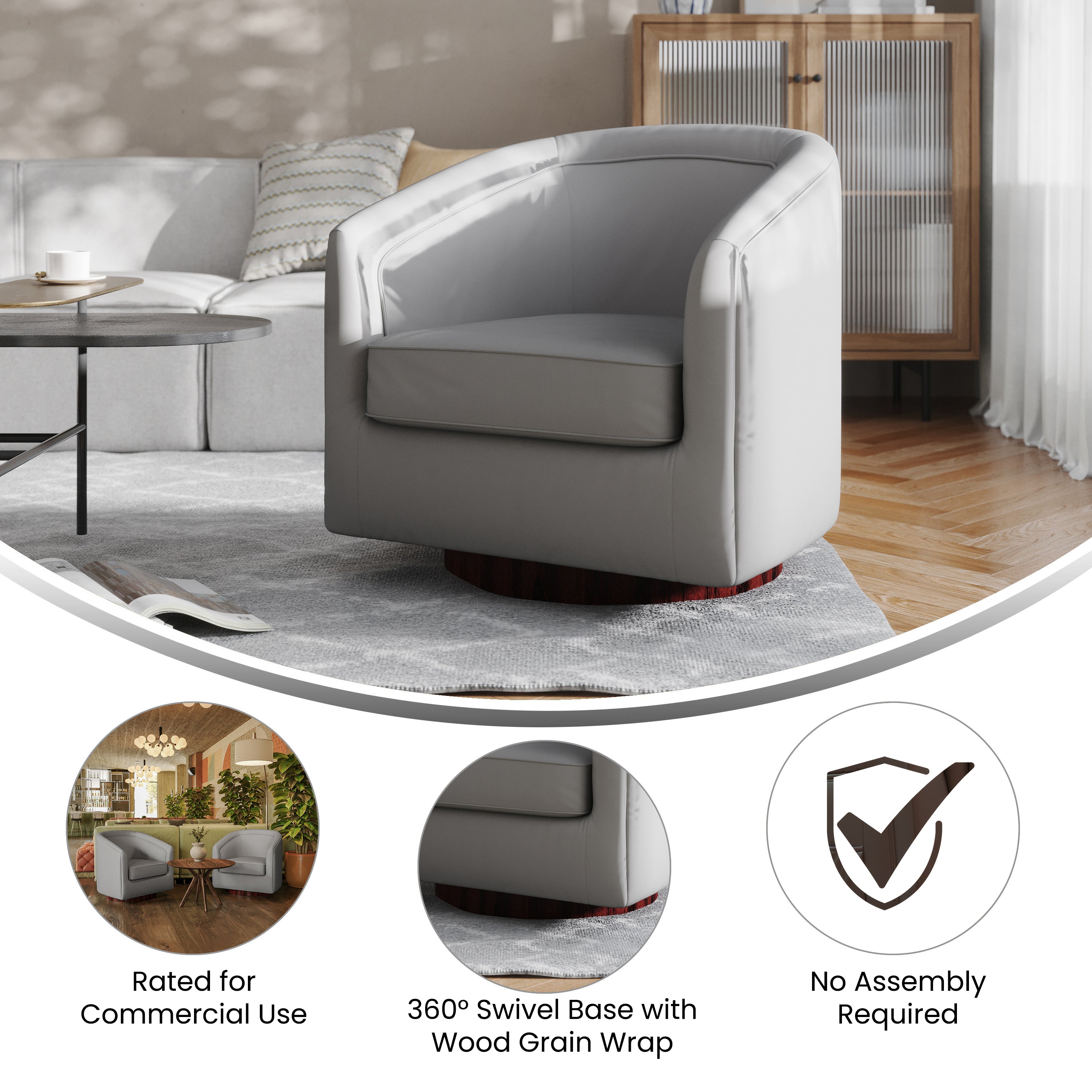 Dean Club Style Commercial Barrel Accent Armchair with 360 Degree Swivel Metal Base and Sloped Armrests in Gray LeatherSoft Upholstery