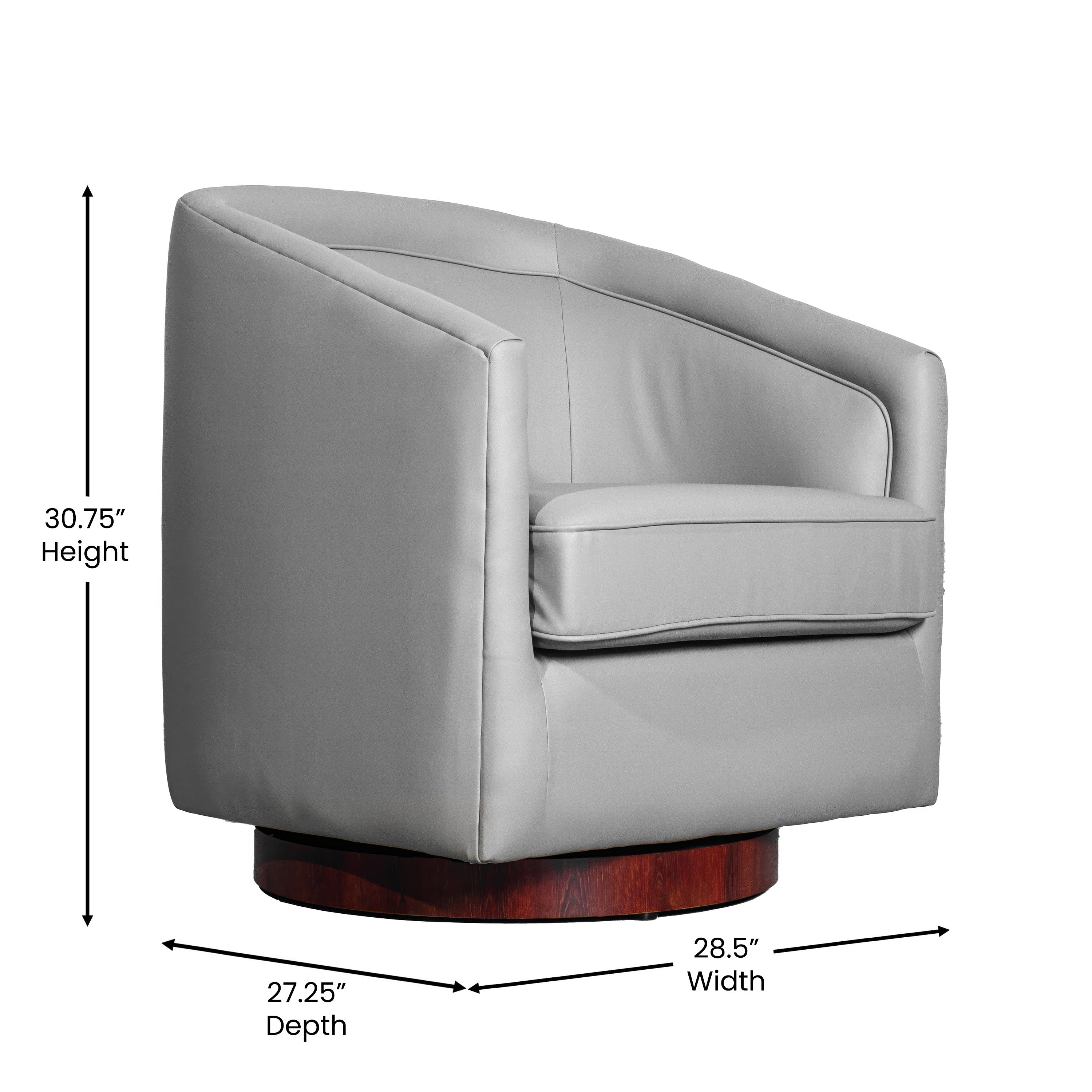 Dean Club Style Commercial Barrel Accent Armchair with 360 Degree Swivel Metal Base and Sloped Armrests in Gray LeatherSoft Upholstery