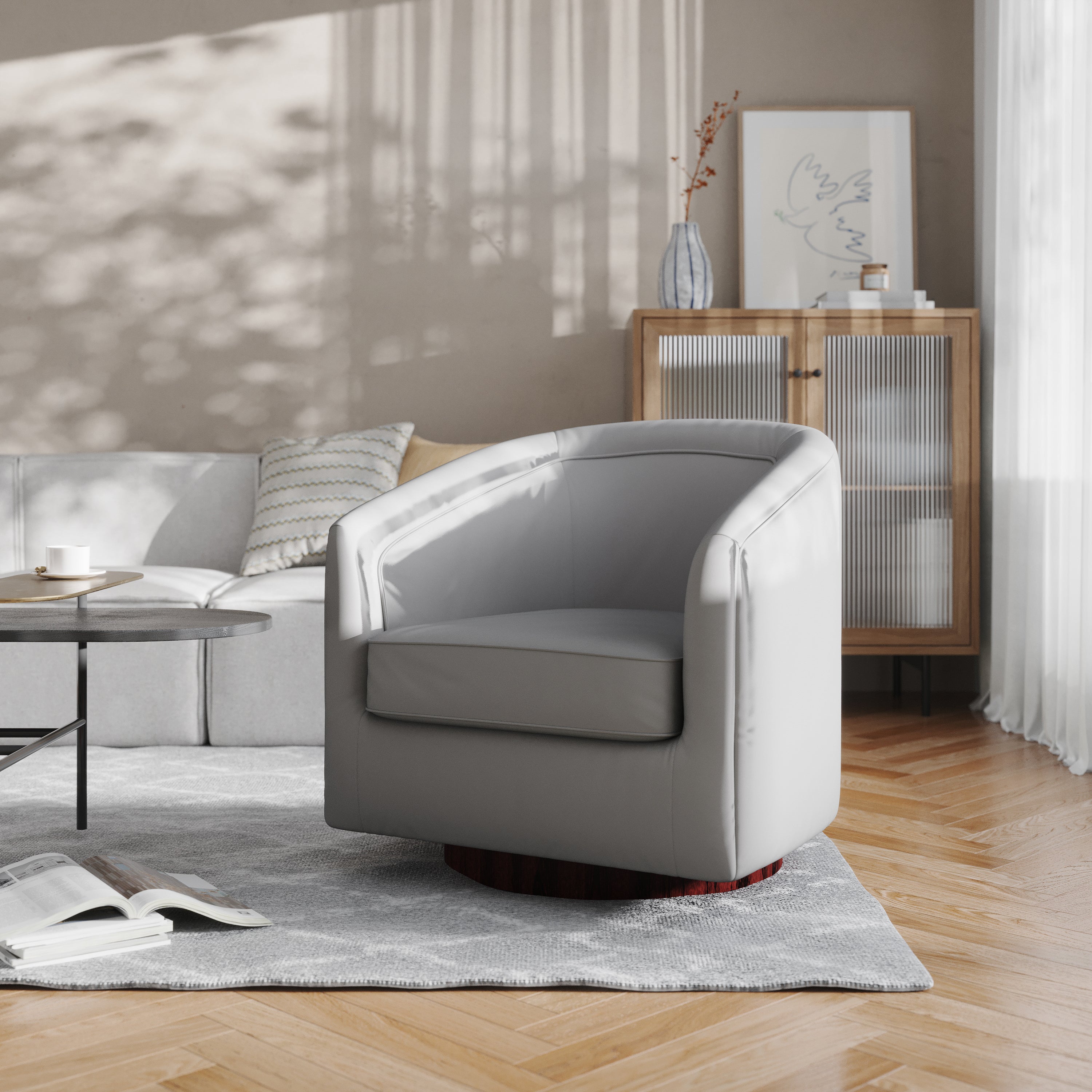 Dean Club Style Commercial Barrel Accent Armchair with 360 Degree Swivel Metal Base and Sloped Armrests in Gray LeatherSoft Upholstery