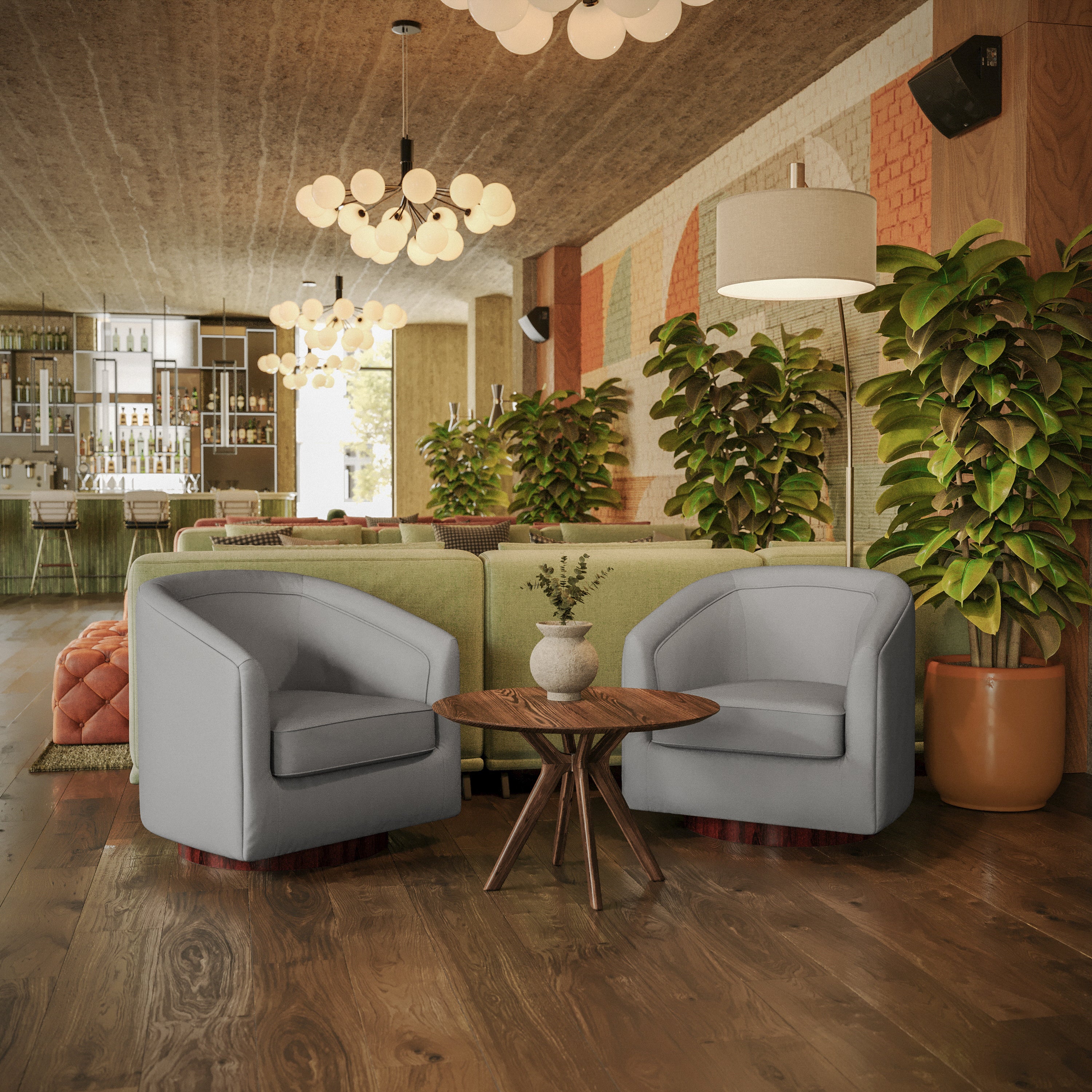 Dean Club Style Commercial Barrel Accent Armchair with 360 Degree Swivel Metal Base and Sloped Armrests in Gray LeatherSoft Upholstery