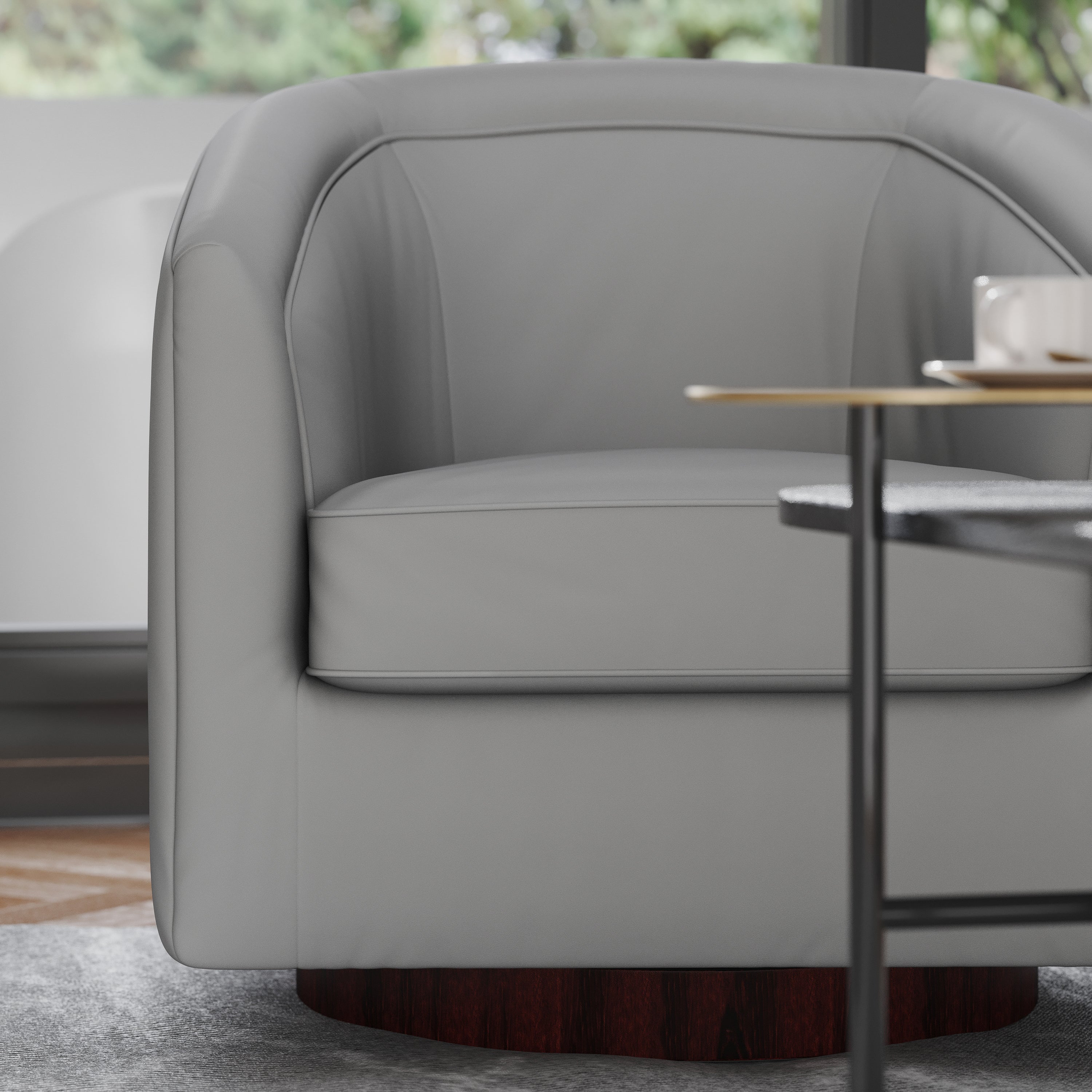 Dean Club Style Commercial Barrel Accent Armchair with 360 Degree Swivel Metal Base and Sloped Armrests in Gray LeatherSoft Upholstery