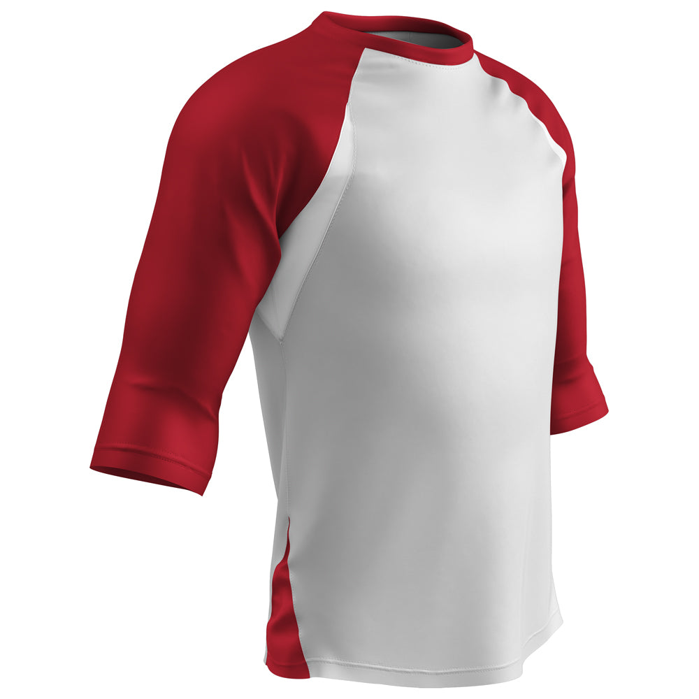 COMPLETE GAME 3/4 Sleeve Baseball Shirt - White Scarlet Sleeve - Adult - Medium