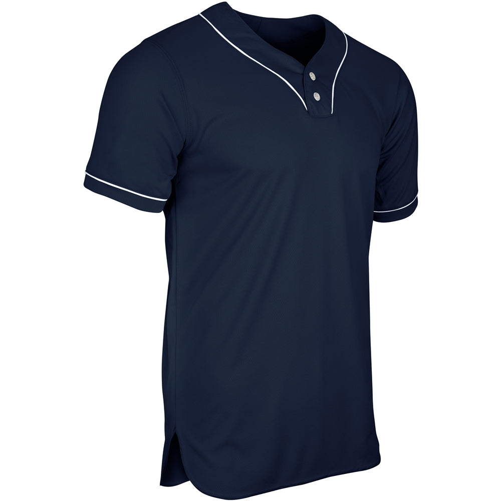 HEATER 2-Button Piped Baseball Jersey - Navy White Pipe - Youth - Large
