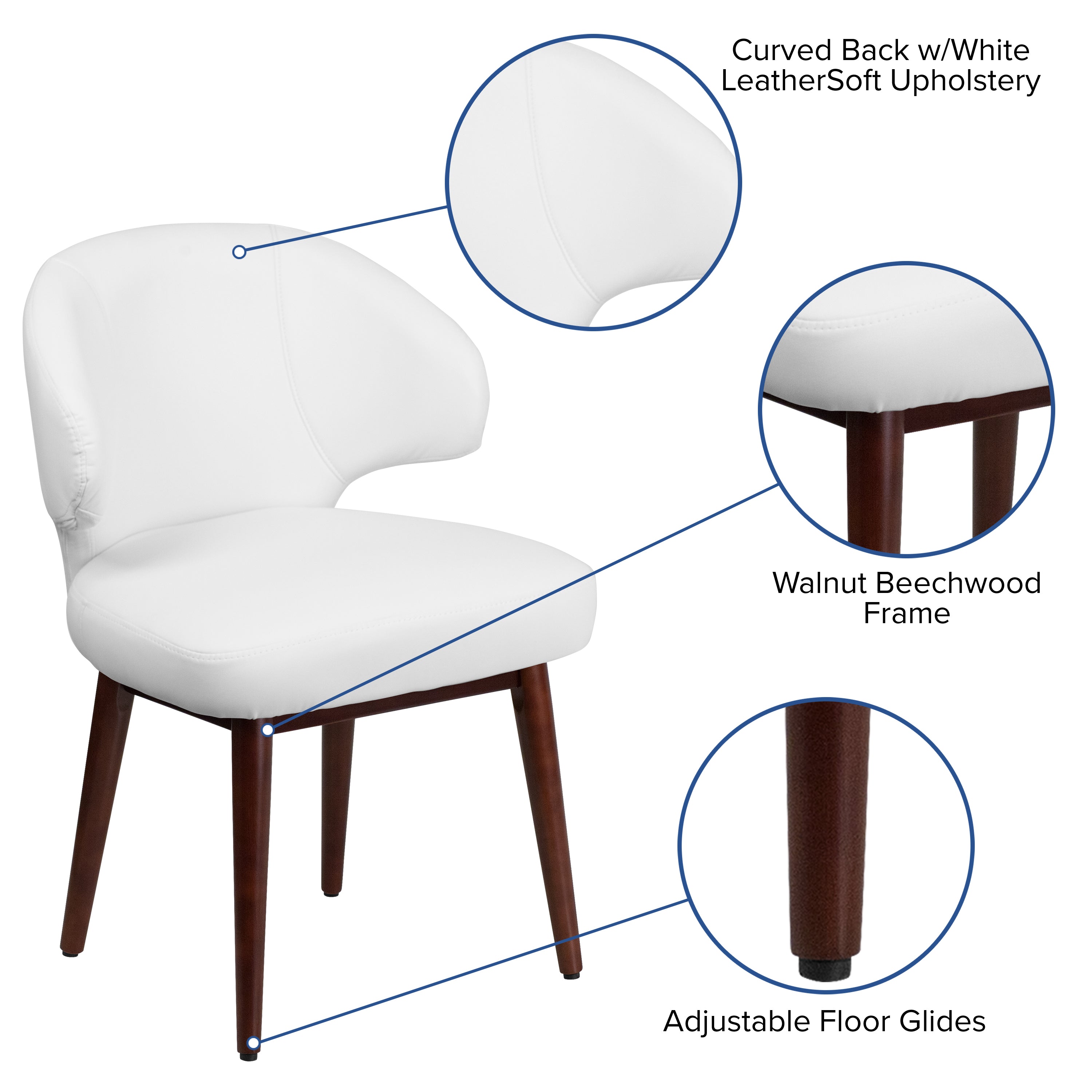 Comfort Back Series White LeatherSoft Side Reception Chair with Walnut Legs