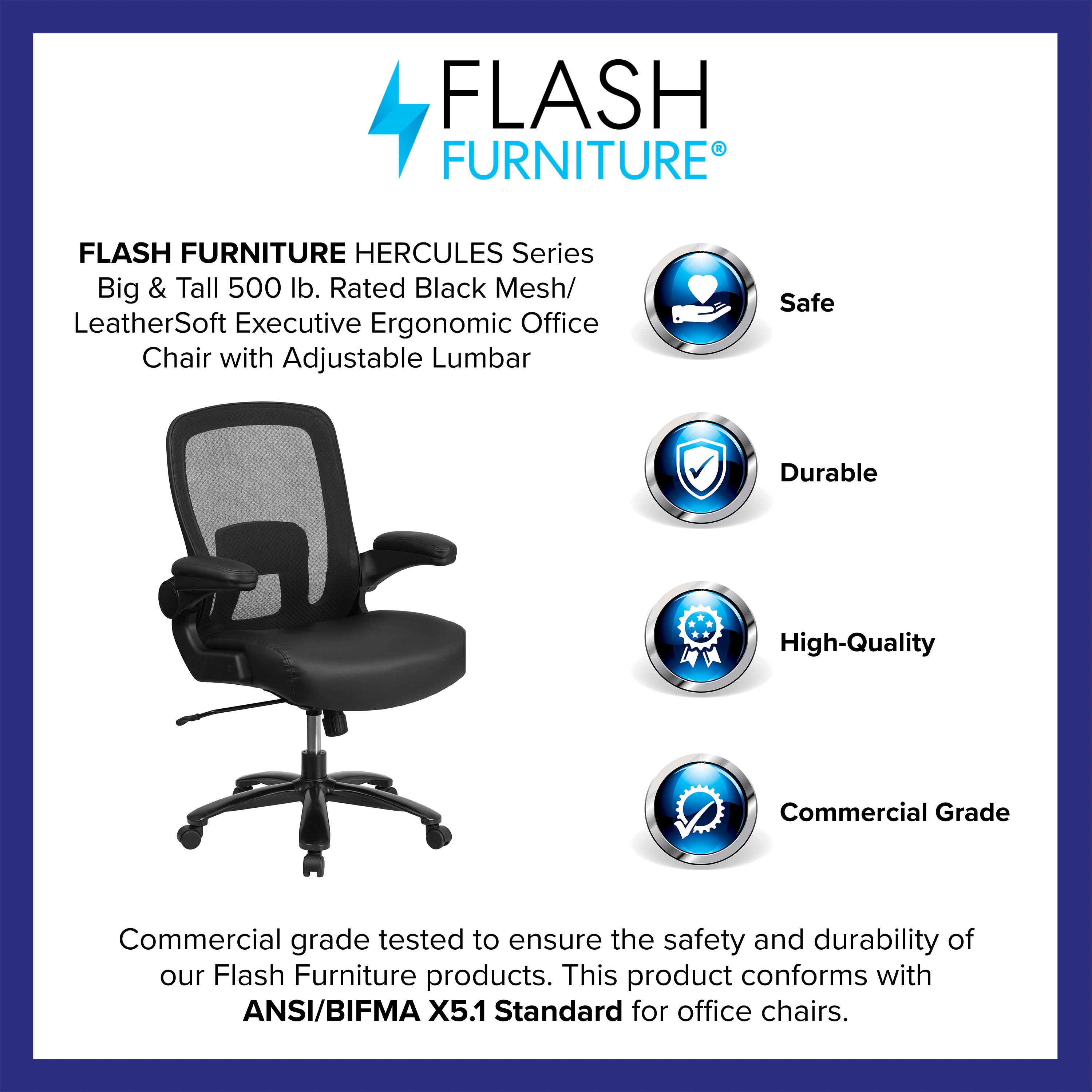 HERCULES Series Big & Tall 500 lb. Rated Black Mesh/LeatherSoft Executive Ergonomic Office Chair with Adjustable Lumbar