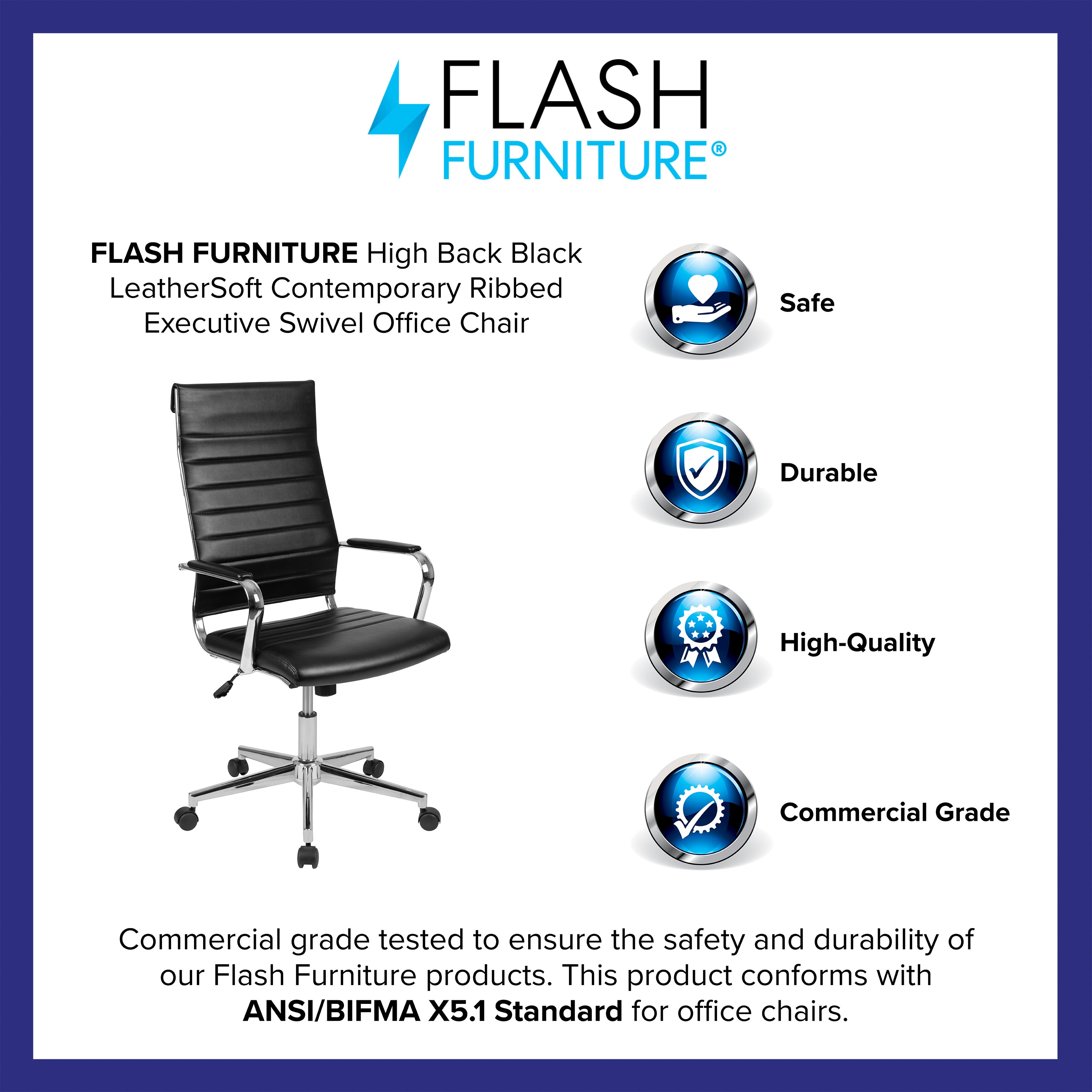 Hansel High Back Black LeatherSoft Contemporary Ribbed Executive Swivel Office Chair