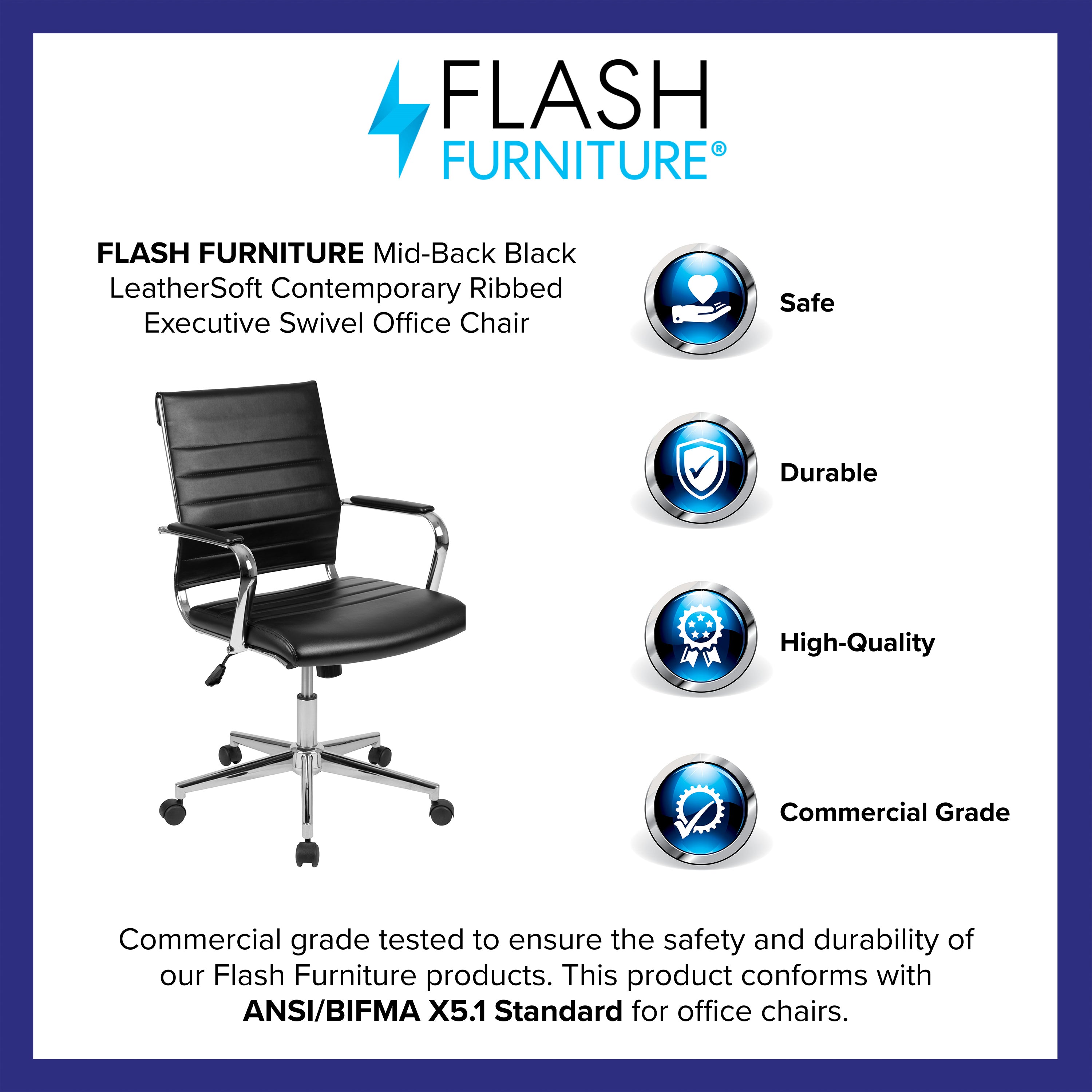 Hansel Mid-Back Black LeatherSoft Contemporary Ribbed Executive Swivel Office Chair
