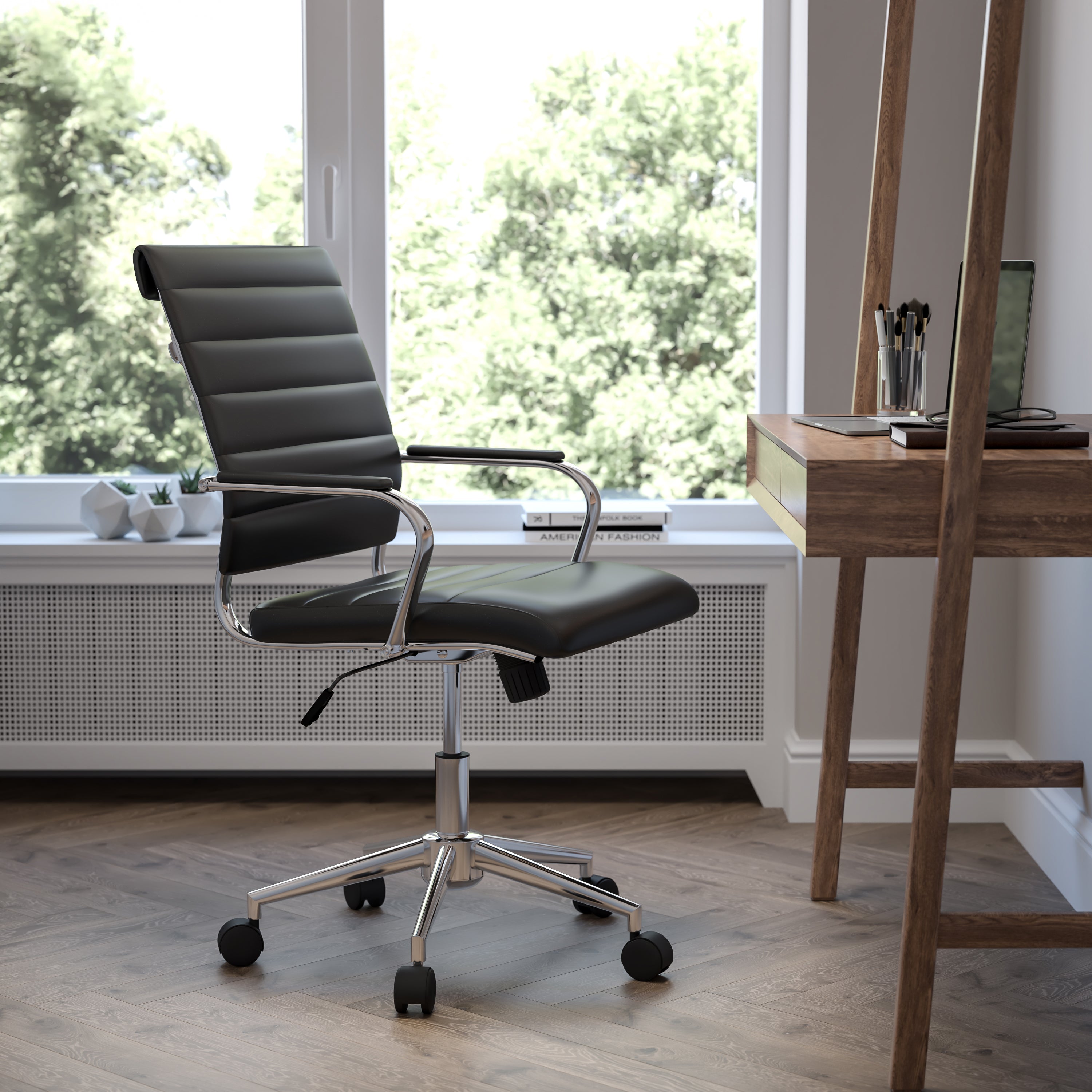 Hansel Mid-Back Black LeatherSoft Contemporary Ribbed Executive Swivel Office Chair