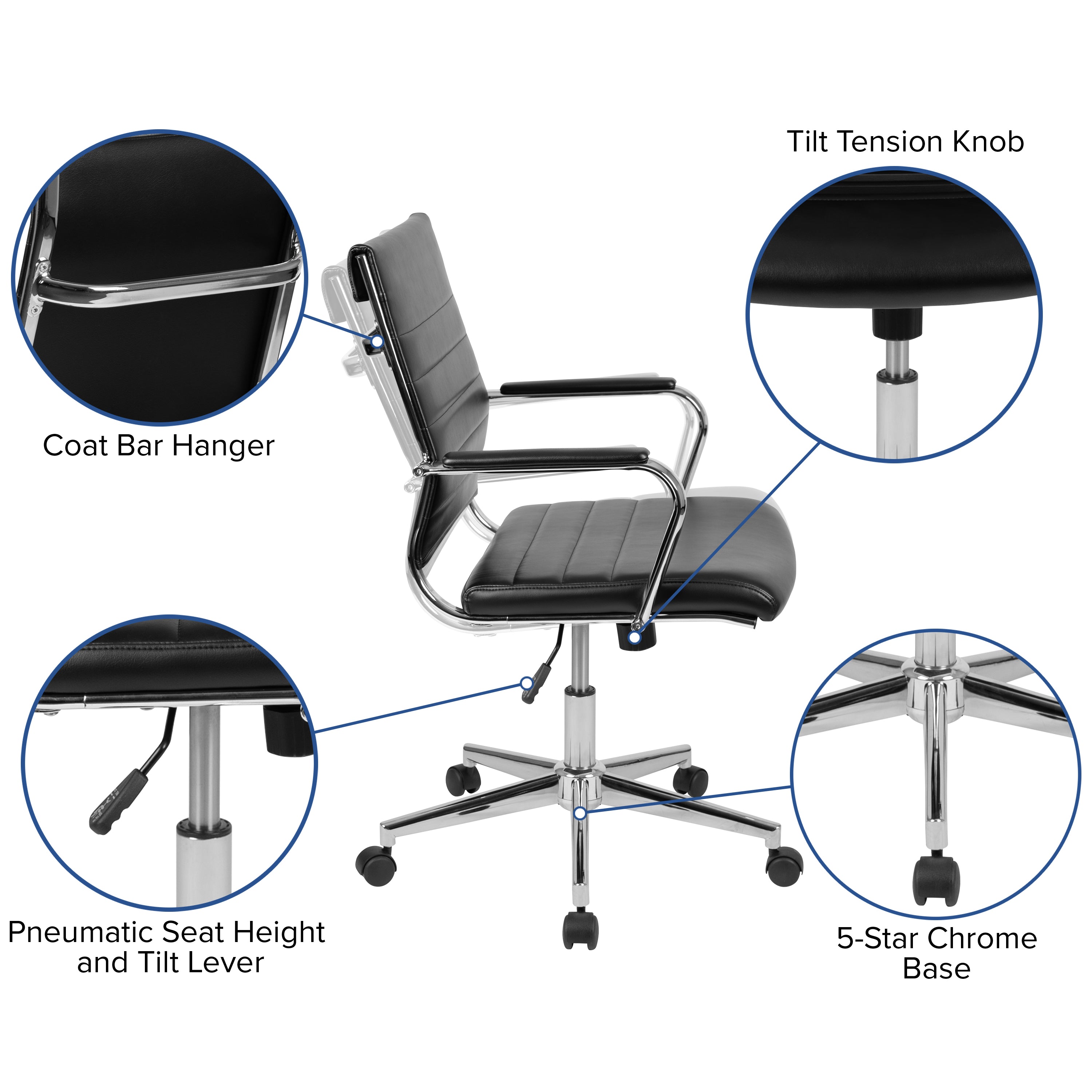 Hansel Mid-Back Black LeatherSoft Contemporary Ribbed Executive Swivel Office Chair