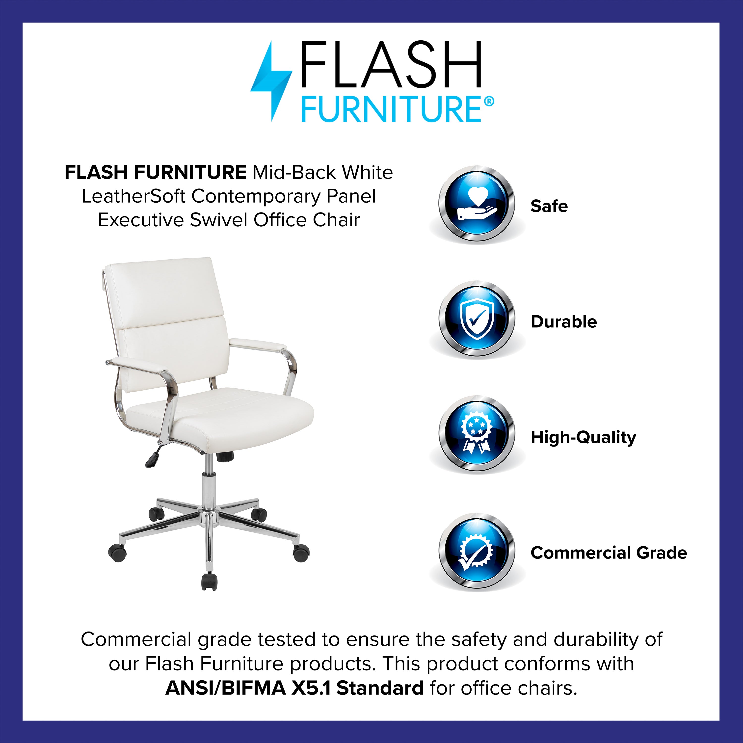 Hansel Mid-Back White LeatherSoft Contemporary Panel Executive Swivel Office Chair