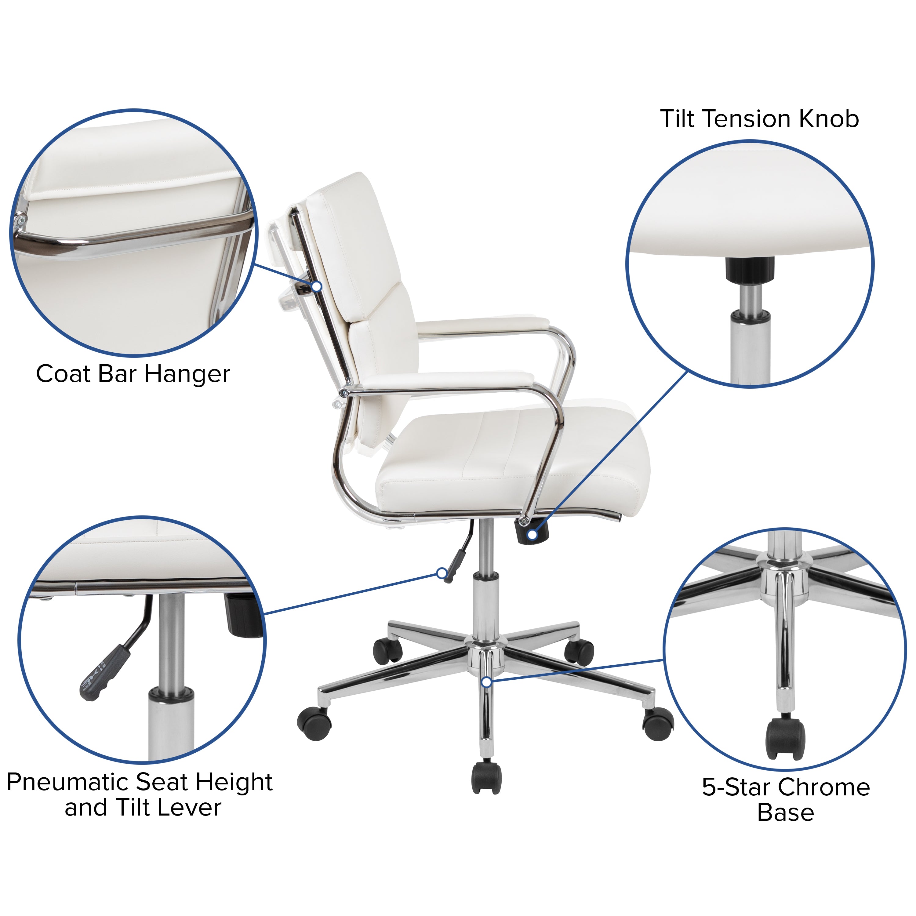 Hansel Mid-Back White LeatherSoft Contemporary Panel Executive Swivel Office Chair