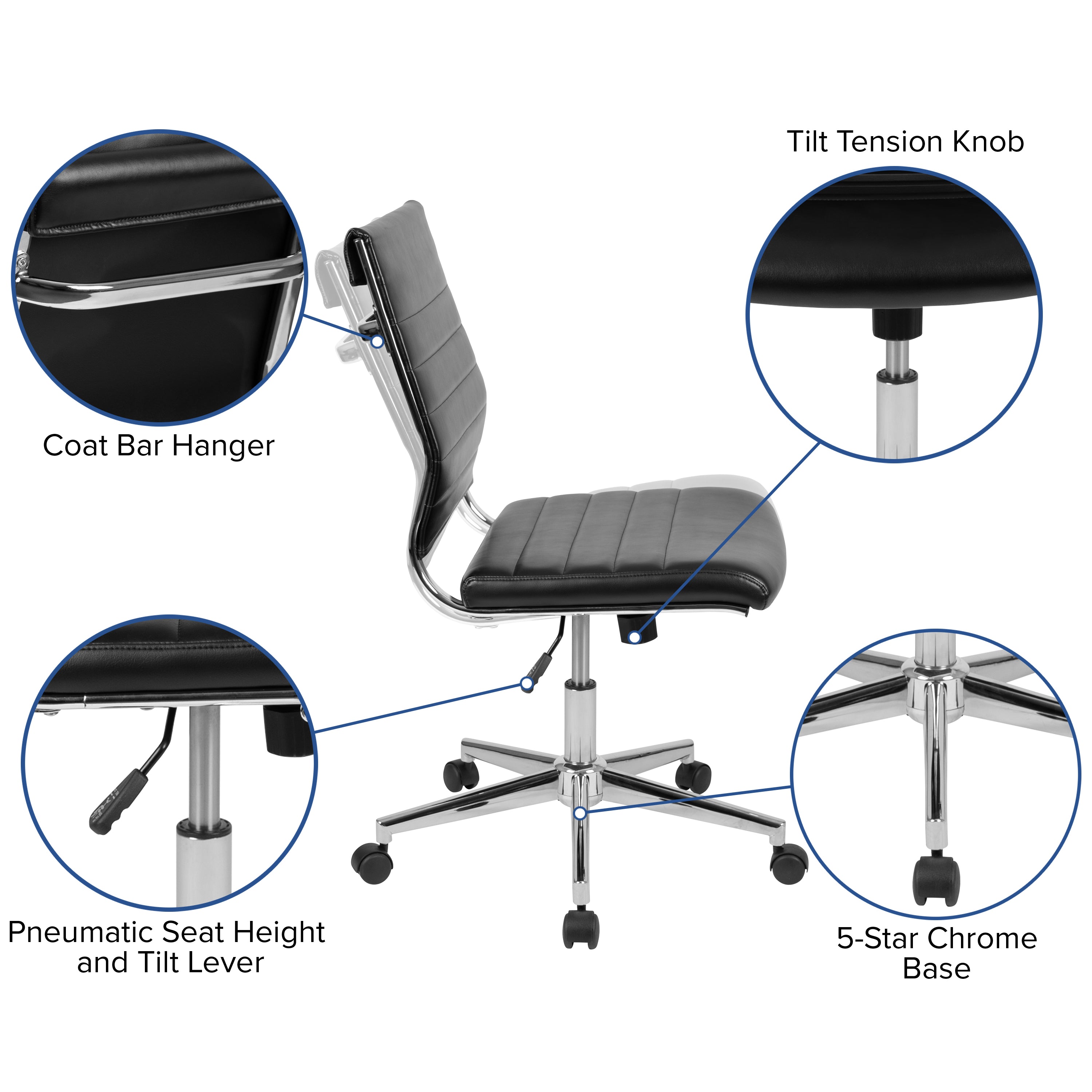 Hansel Mid-Back Armless Black LeatherSoft Contemporary Ribbed Executive Swivel Office Chair