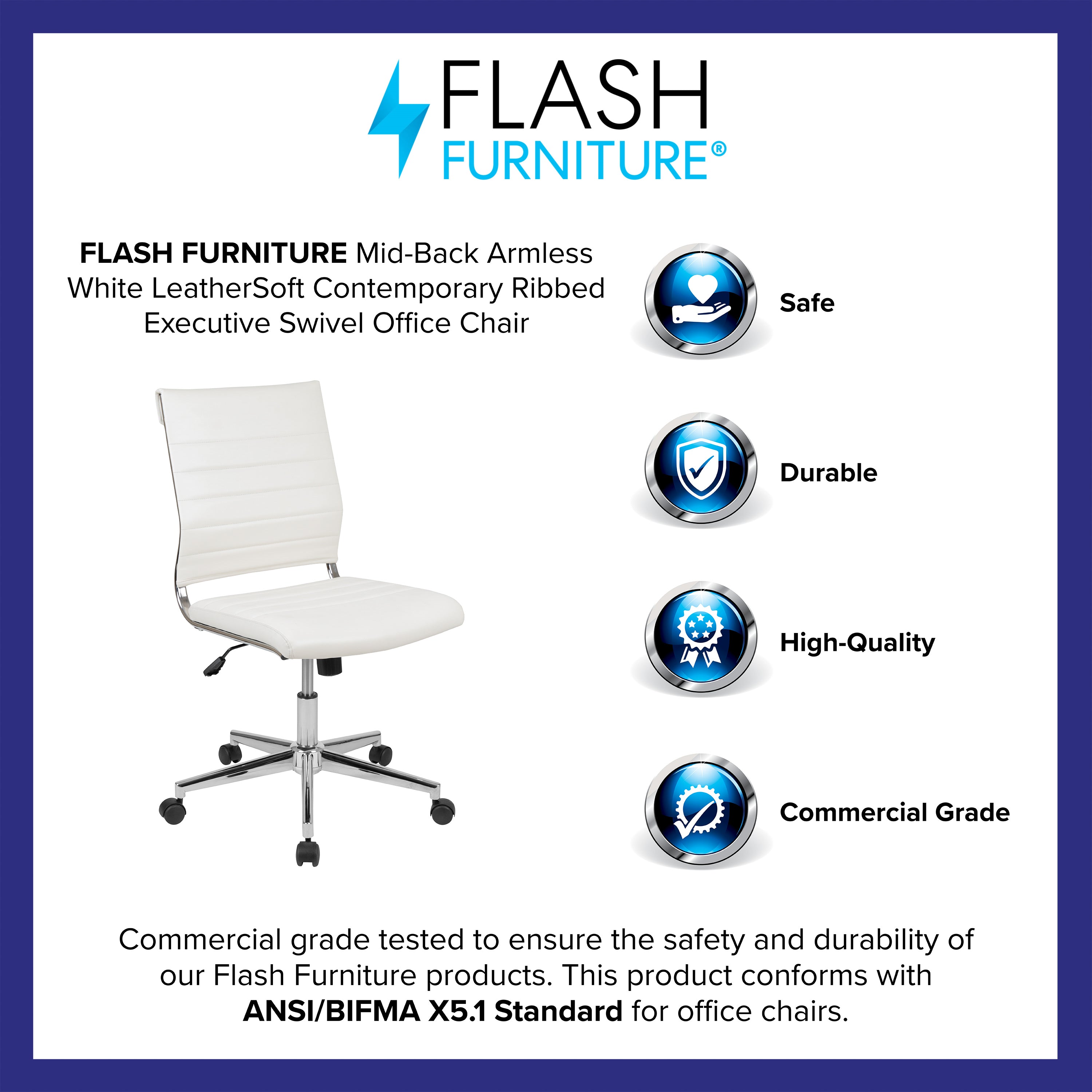 Hansel Mid-Back Armless White LeatherSoft Contemporary Ribbed Executive Swivel Office Chair