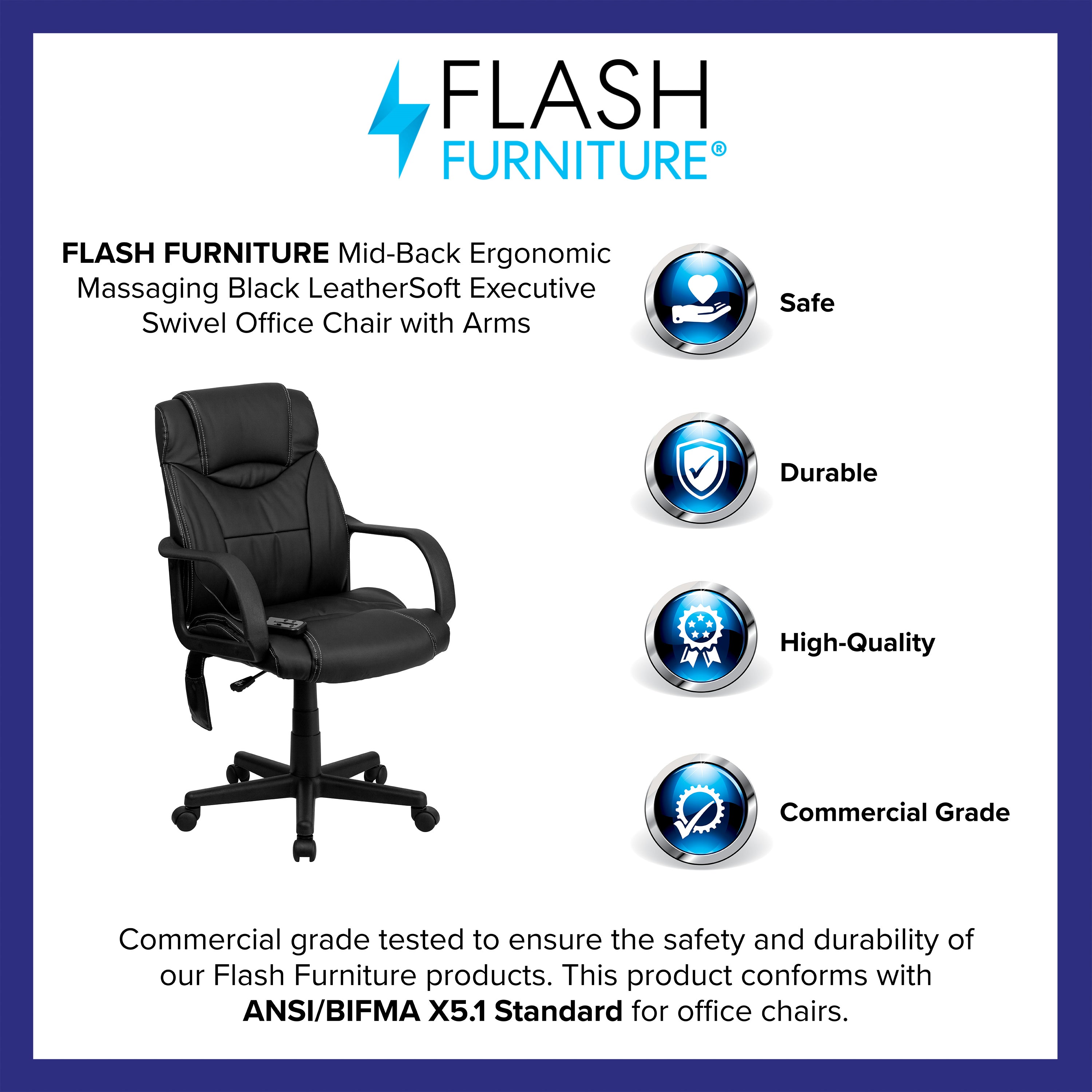 Laverne Mid-Back Ergonomic Massaging Black LeatherSoft Executive Swivel Office Chair with Arms