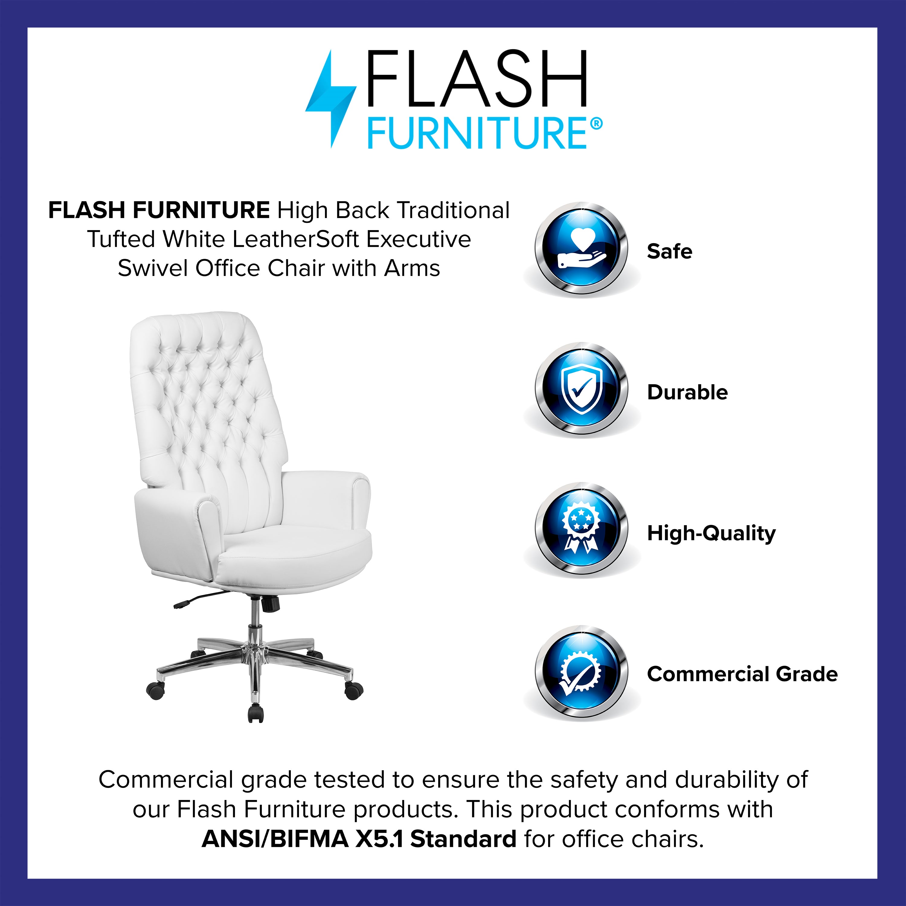 Rochelle High Back Traditional Tufted White LeatherSoft Executive Swivel Office Chair with Arms