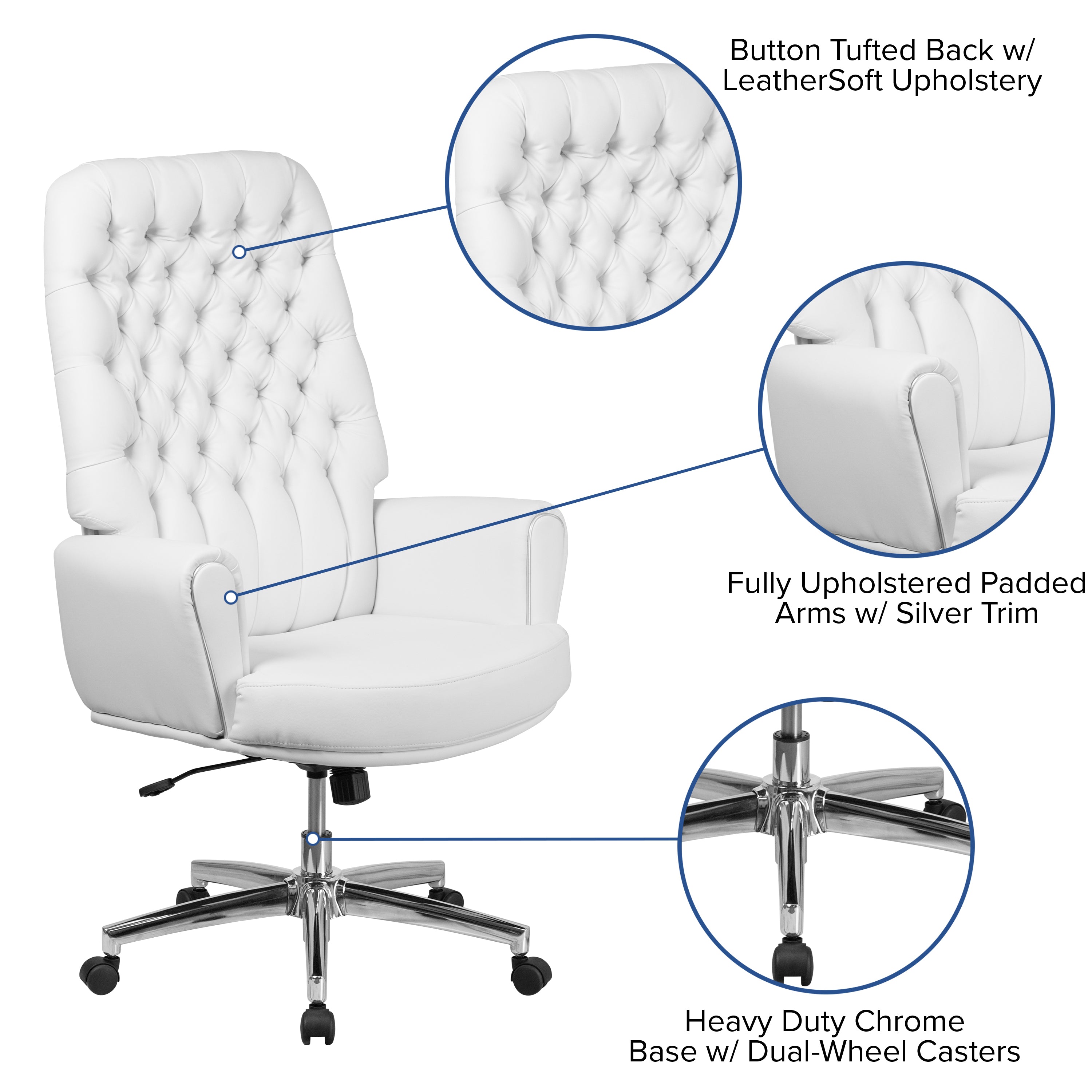 Rochelle High Back Traditional Tufted White LeatherSoft Executive Swivel Office Chair with Arms