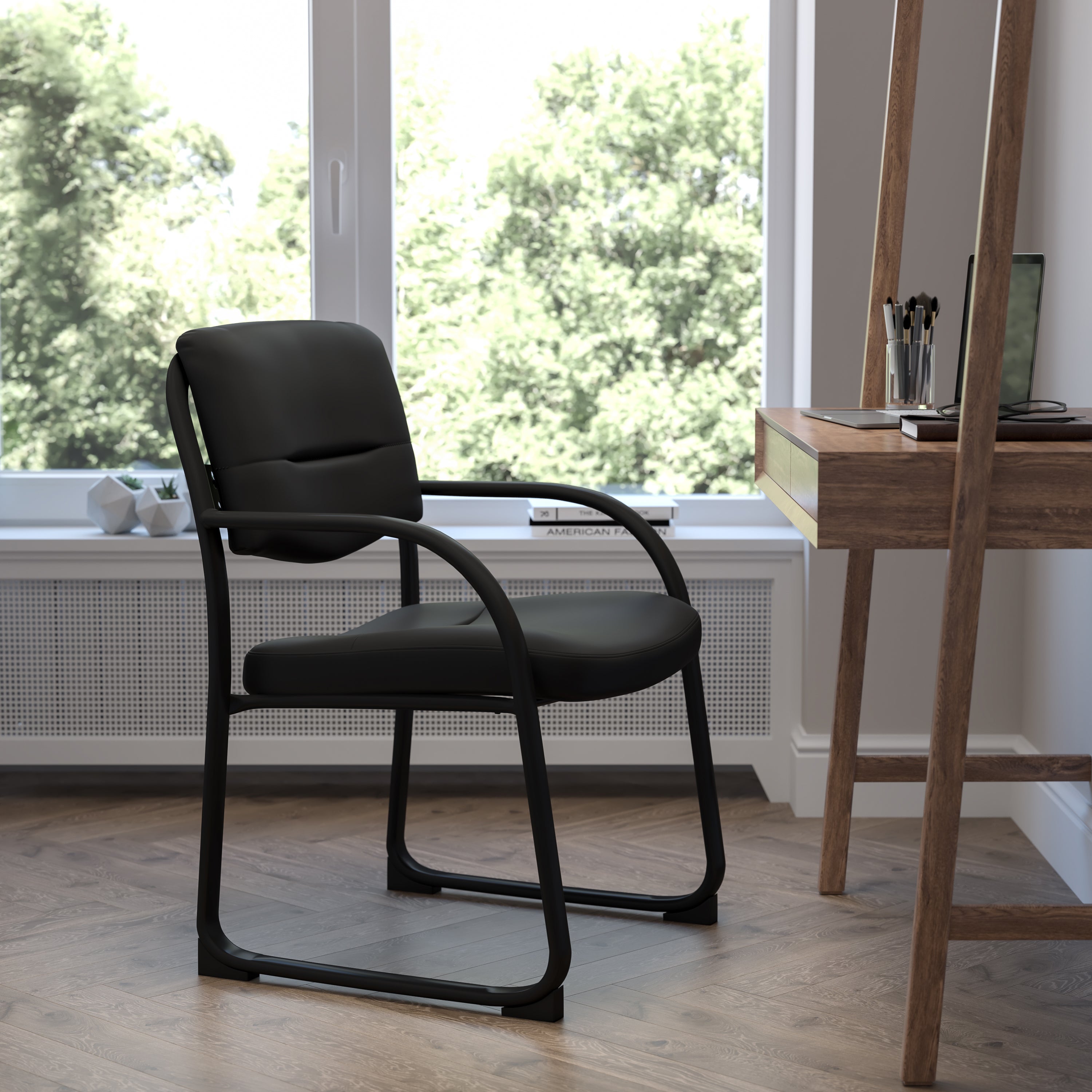 Richie Black Fabric Executive Side Reception Chair with Sled Base