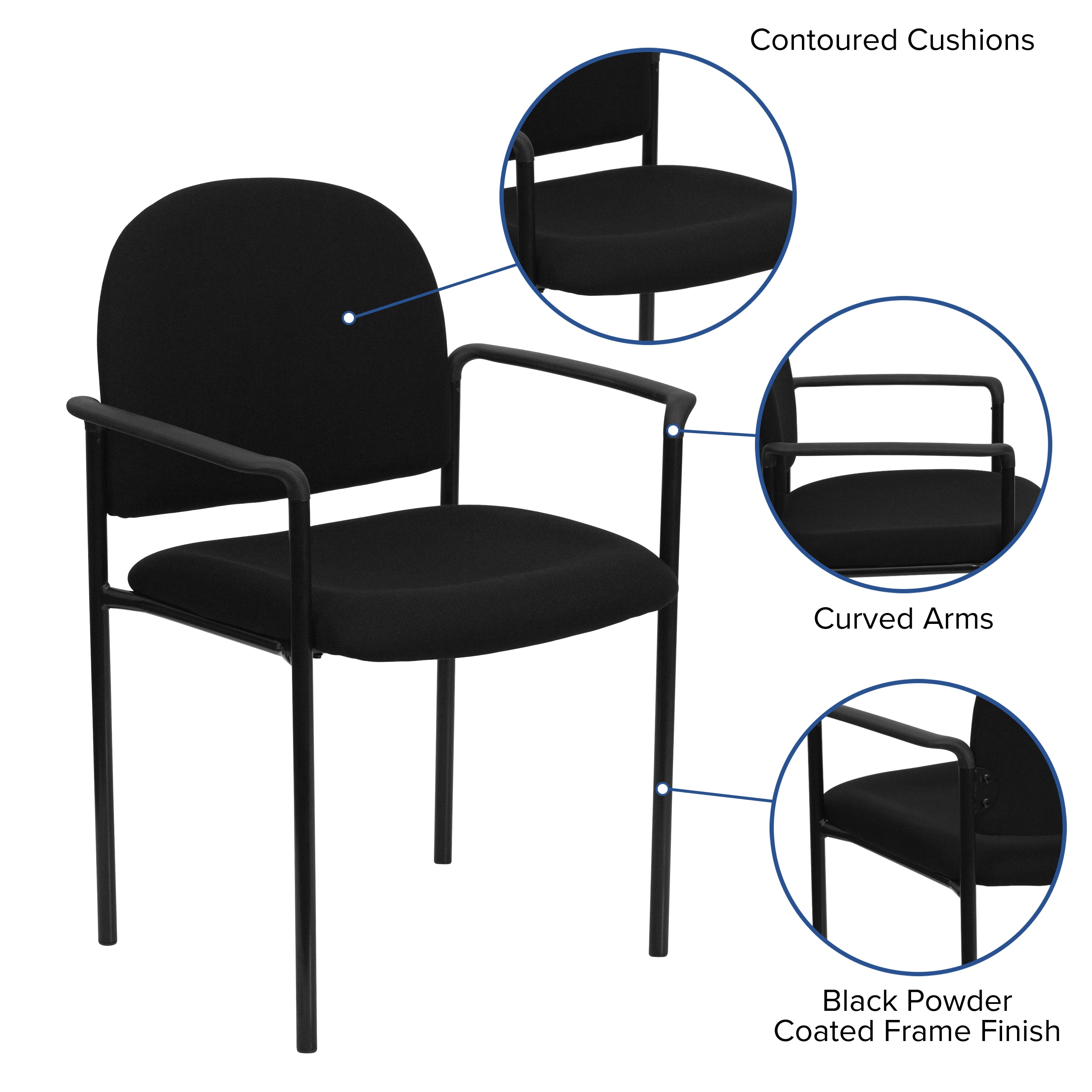 Tiffany Comfort Black Fabric Stackable Steel Side Reception Chair with Arms