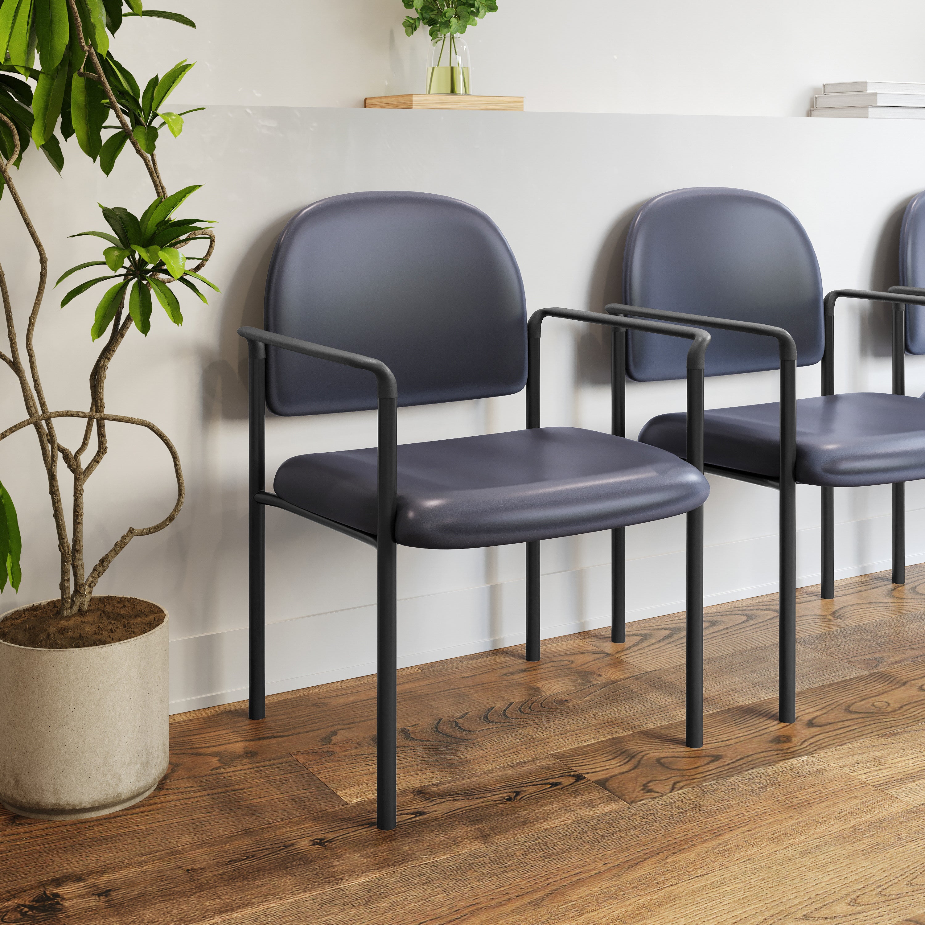 Tiffany Comfort Navy Vinyl Stackable Steel Side Reception Chair with Arms