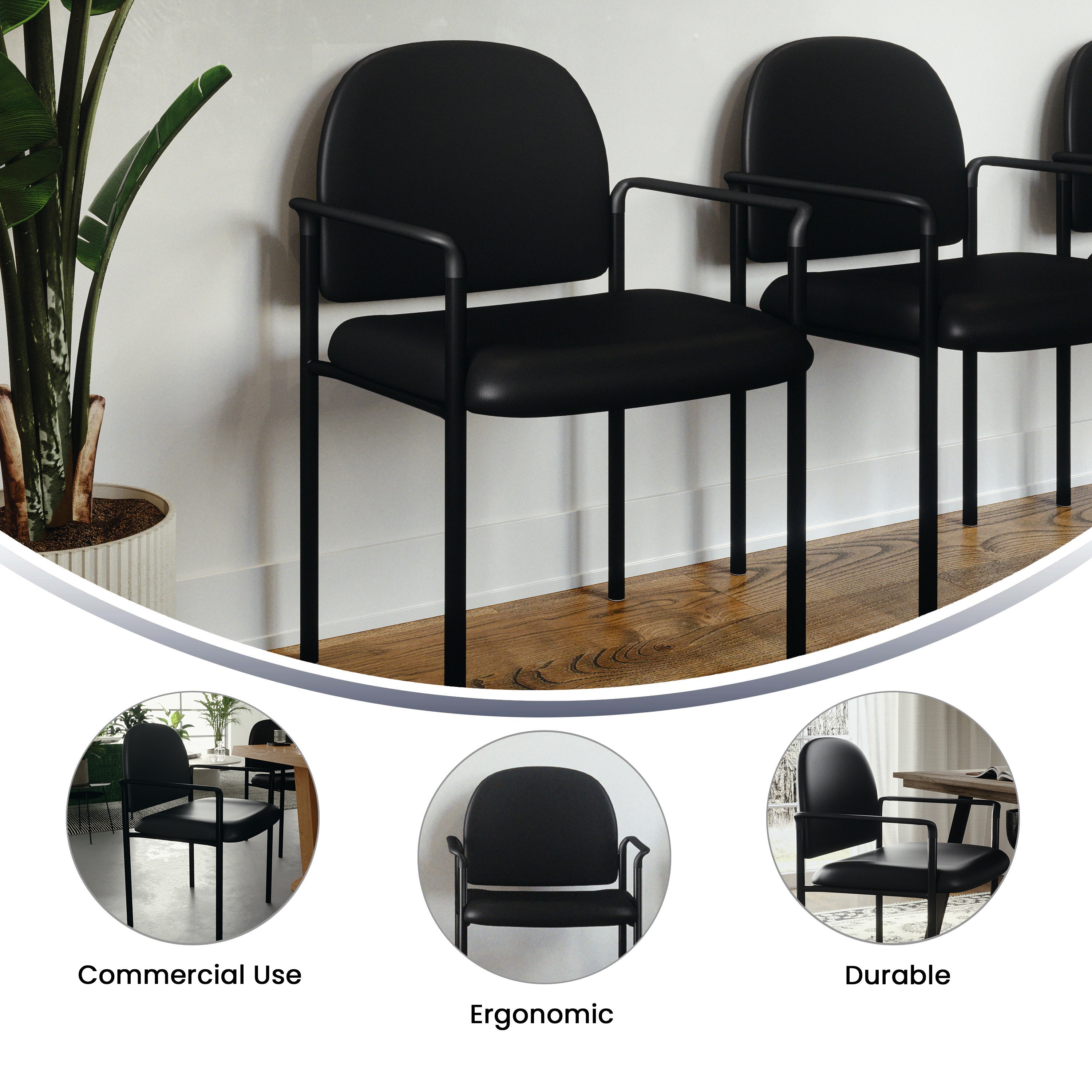 Tiffany Comfort Black Vinyl Stackable Steel Side Reception Chair with Arms