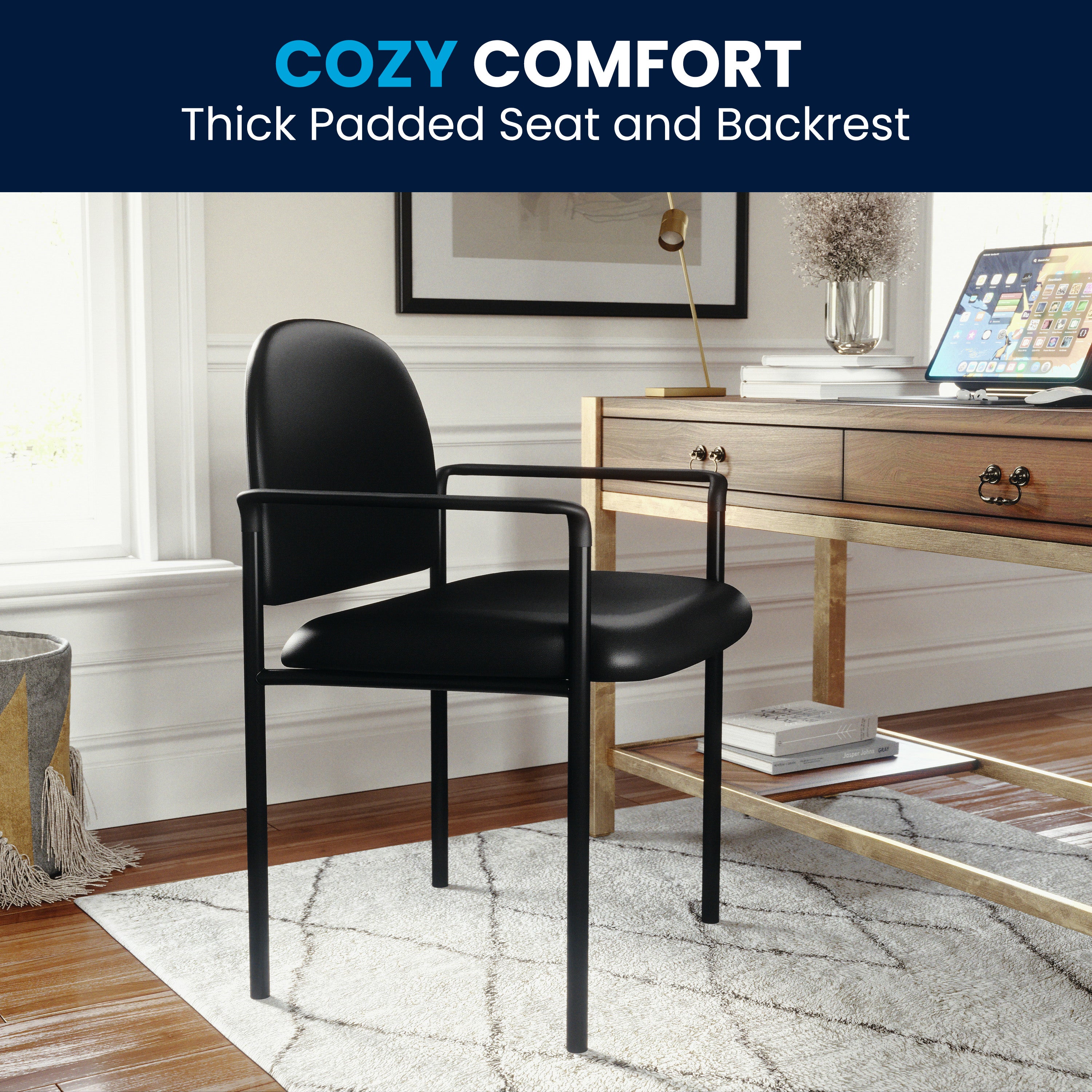 Tiffany Comfort Black Vinyl Stackable Steel Side Reception Chair with Arms