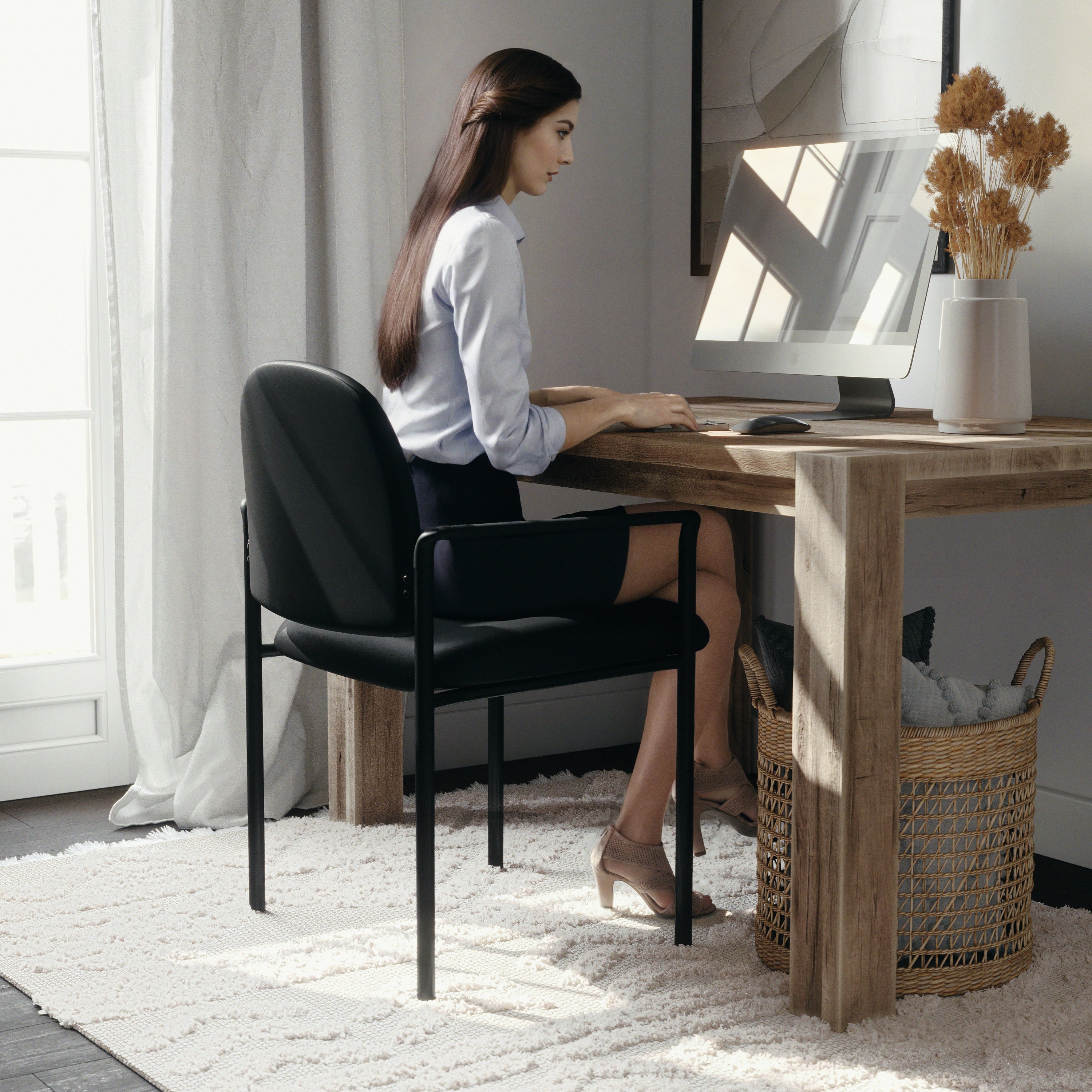 Tiffany Comfort Black Vinyl Stackable Steel Side Reception Chair with Arms