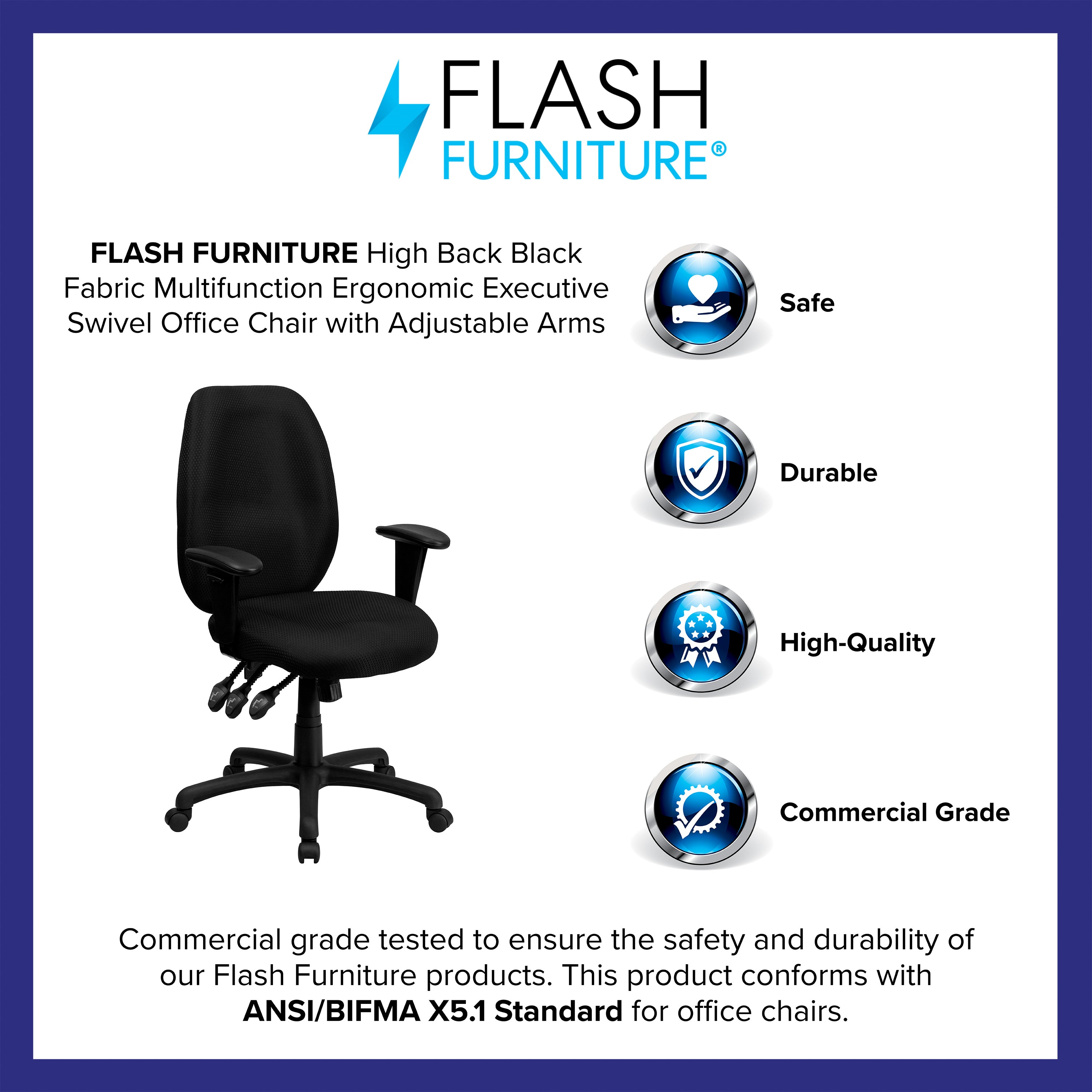 Rochelle High Back Black Fabric Multifunction Ergonomic Executive Swivel Office Chair with Adjustable Arms