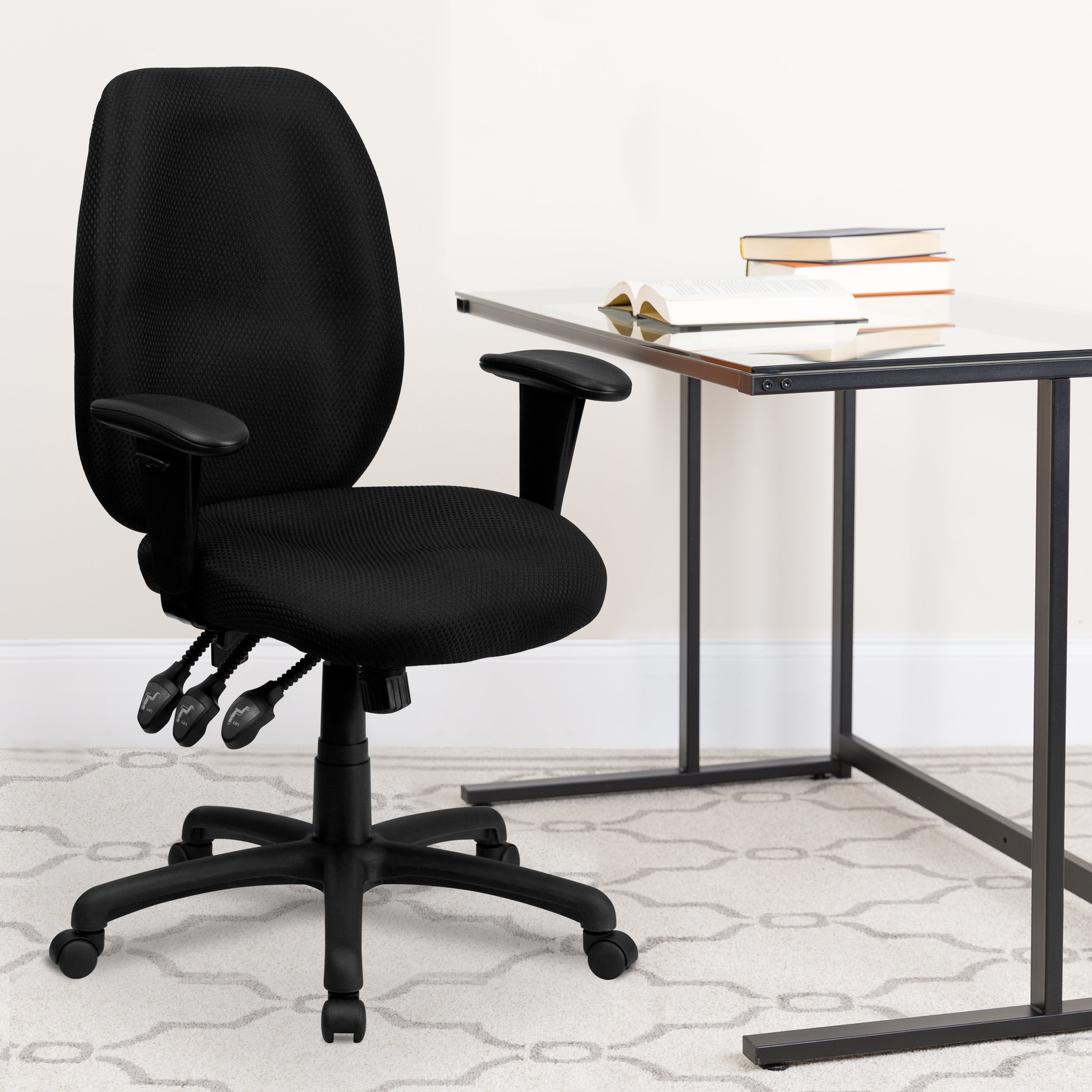 Rochelle High Back Black Fabric Multifunction Ergonomic Executive Swivel Office Chair with Adjustable Arms
