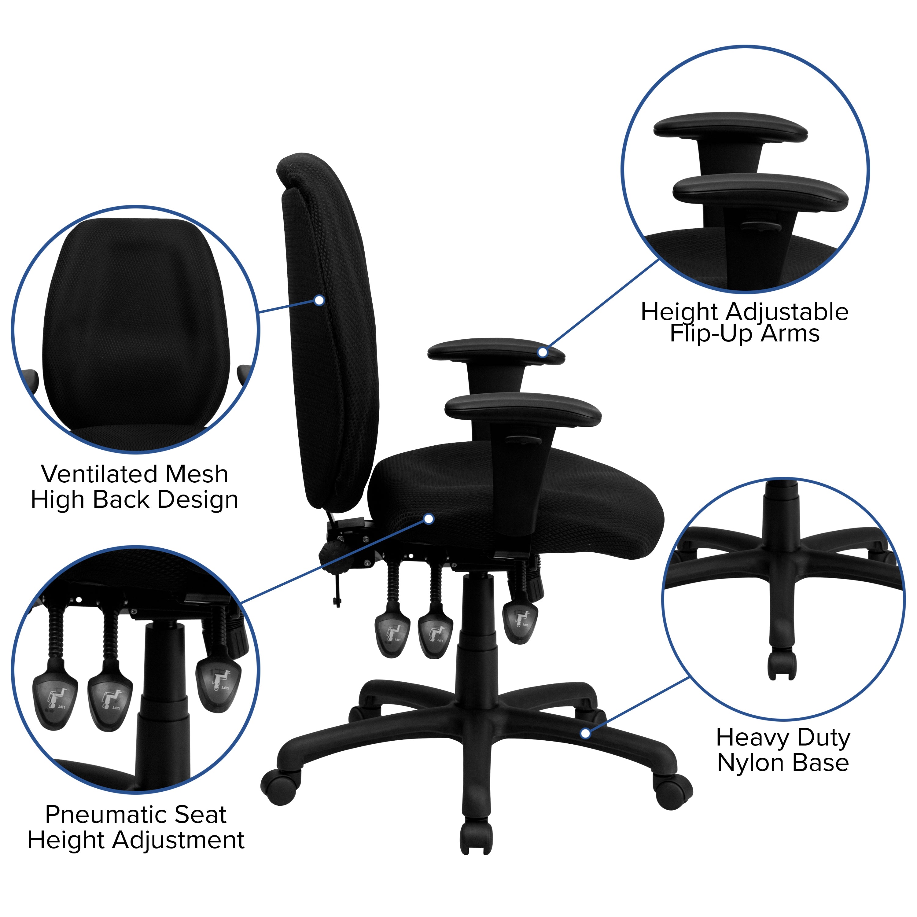 Rochelle High Back Black Fabric Multifunction Ergonomic Executive Swivel Office Chair with Adjustable Arms