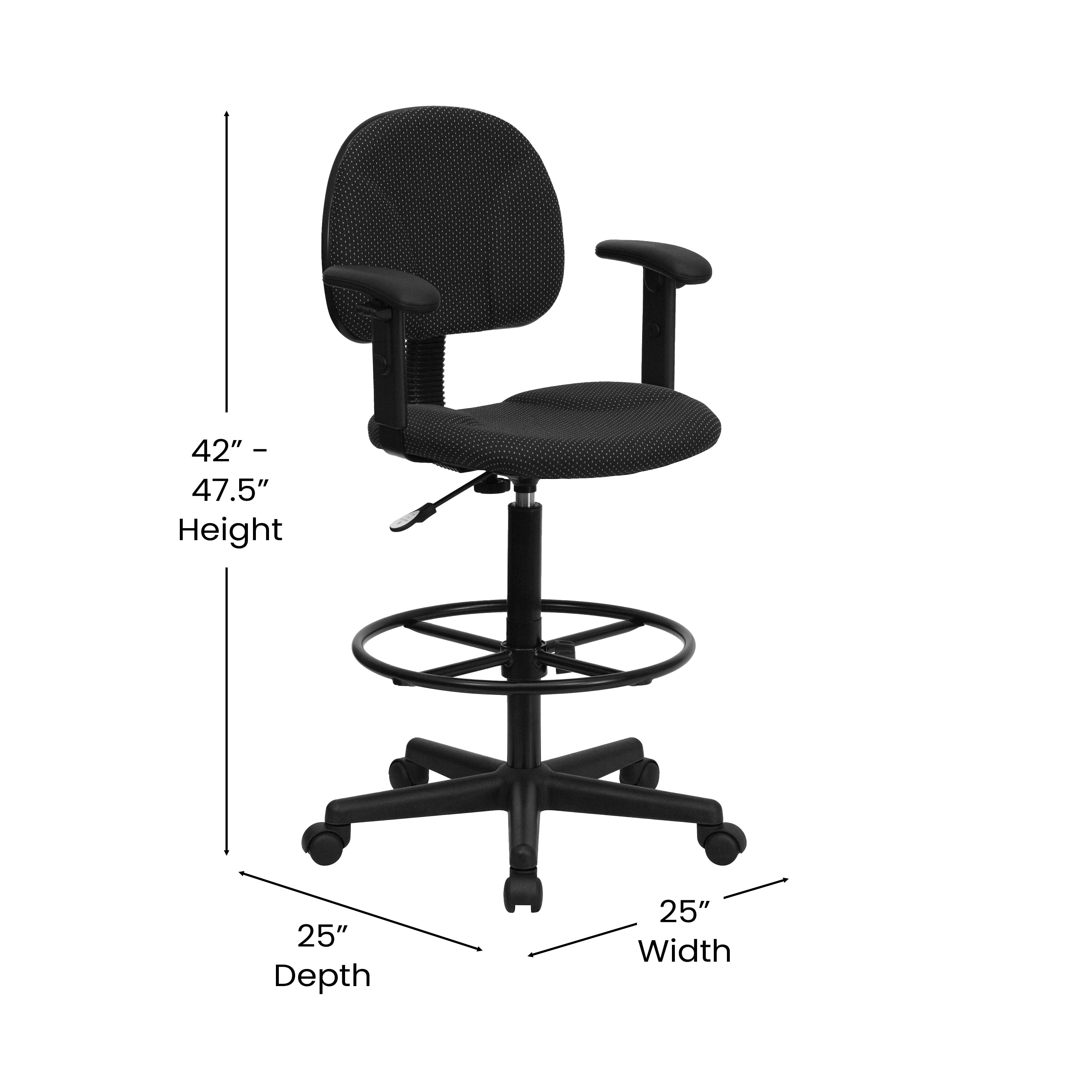 Bruce Black Patterned Fabric Drafting Chair with Adjustable Arms (Cylinders: 22.5''-27''H or 26''-30.5''H)