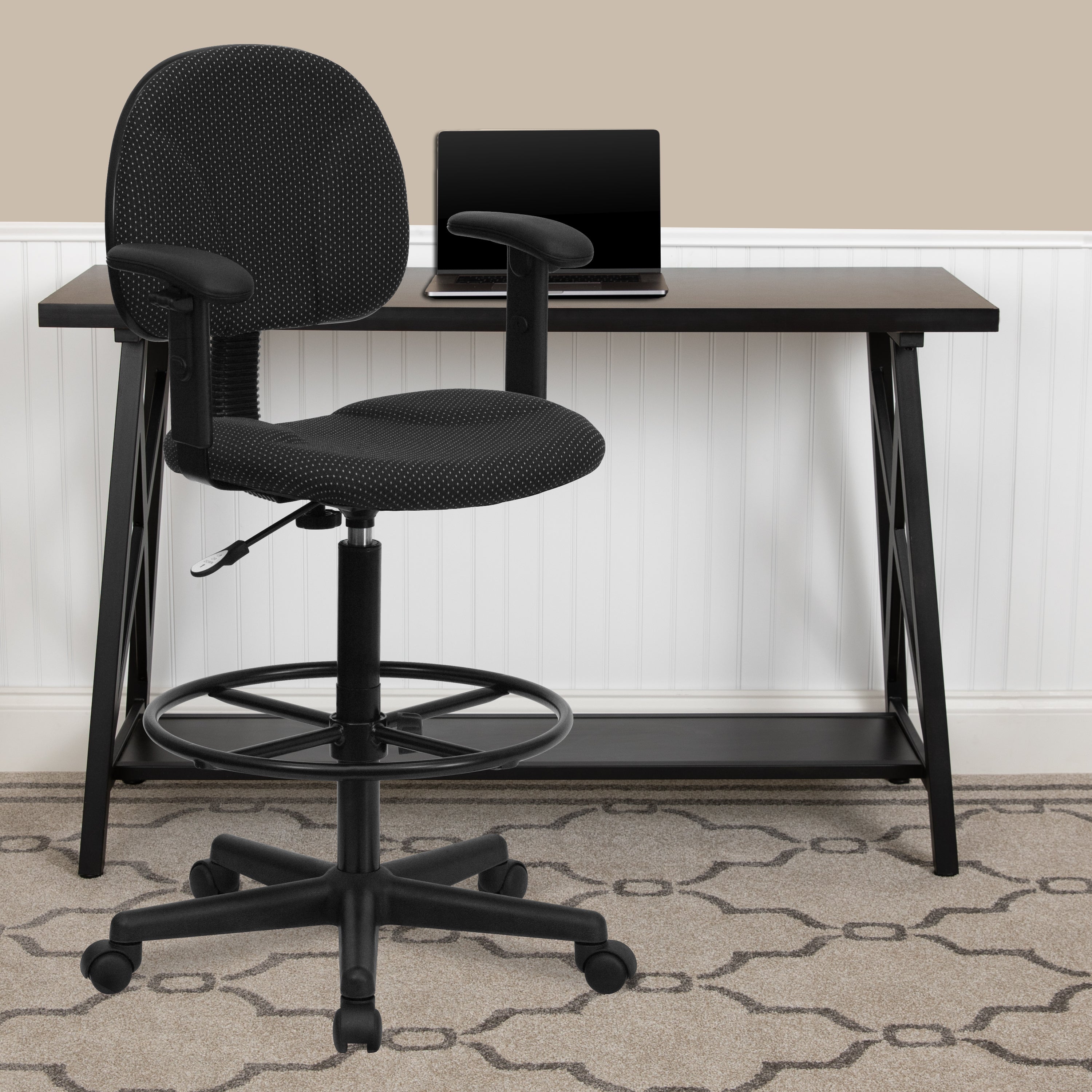 Bruce Black Patterned Fabric Drafting Chair with Adjustable Arms (Cylinders: 22.5''-27''H or 26''-30.5''H)